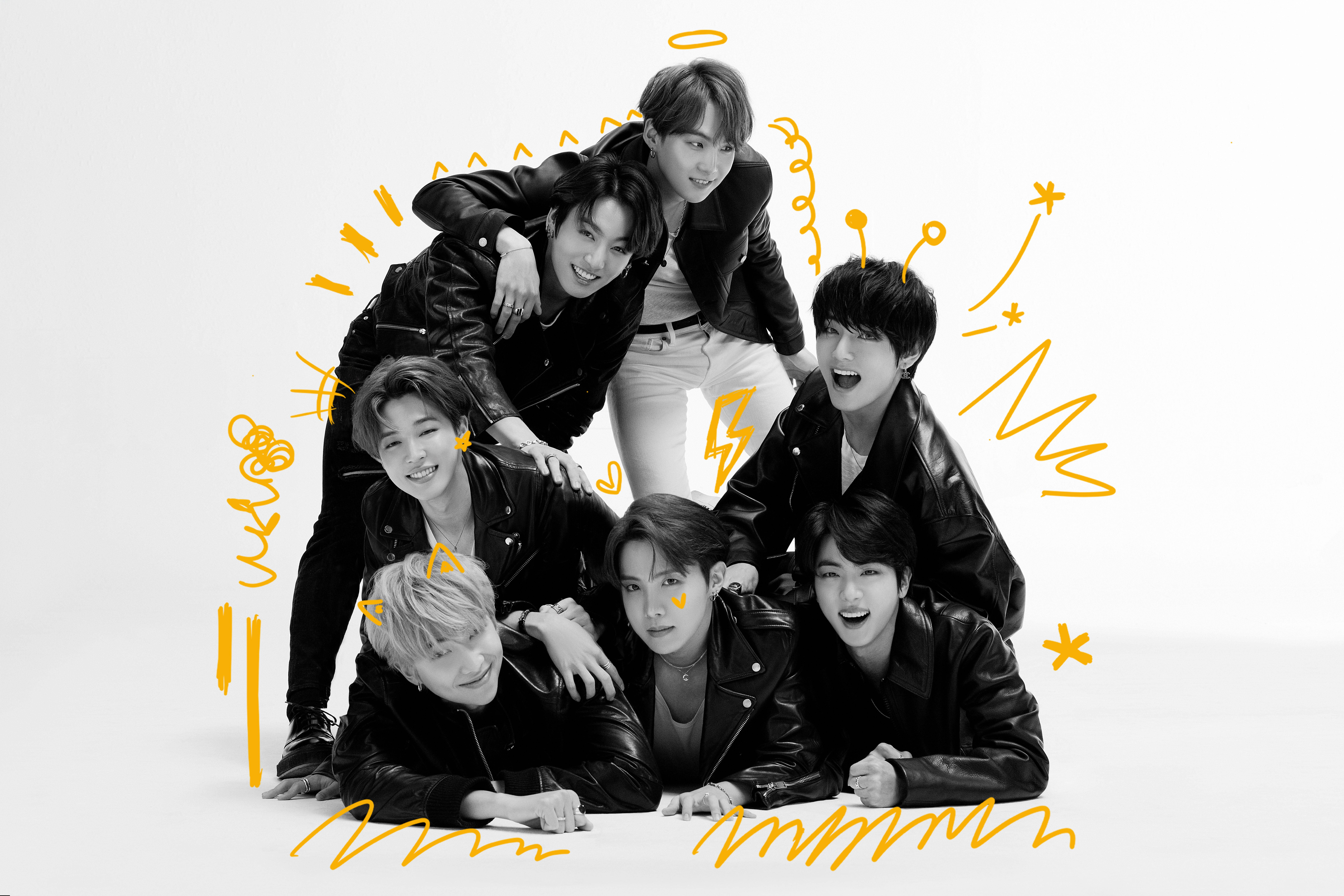BTS Dynamite, black leather jackets, white background, 8K Desktop Wallpaper