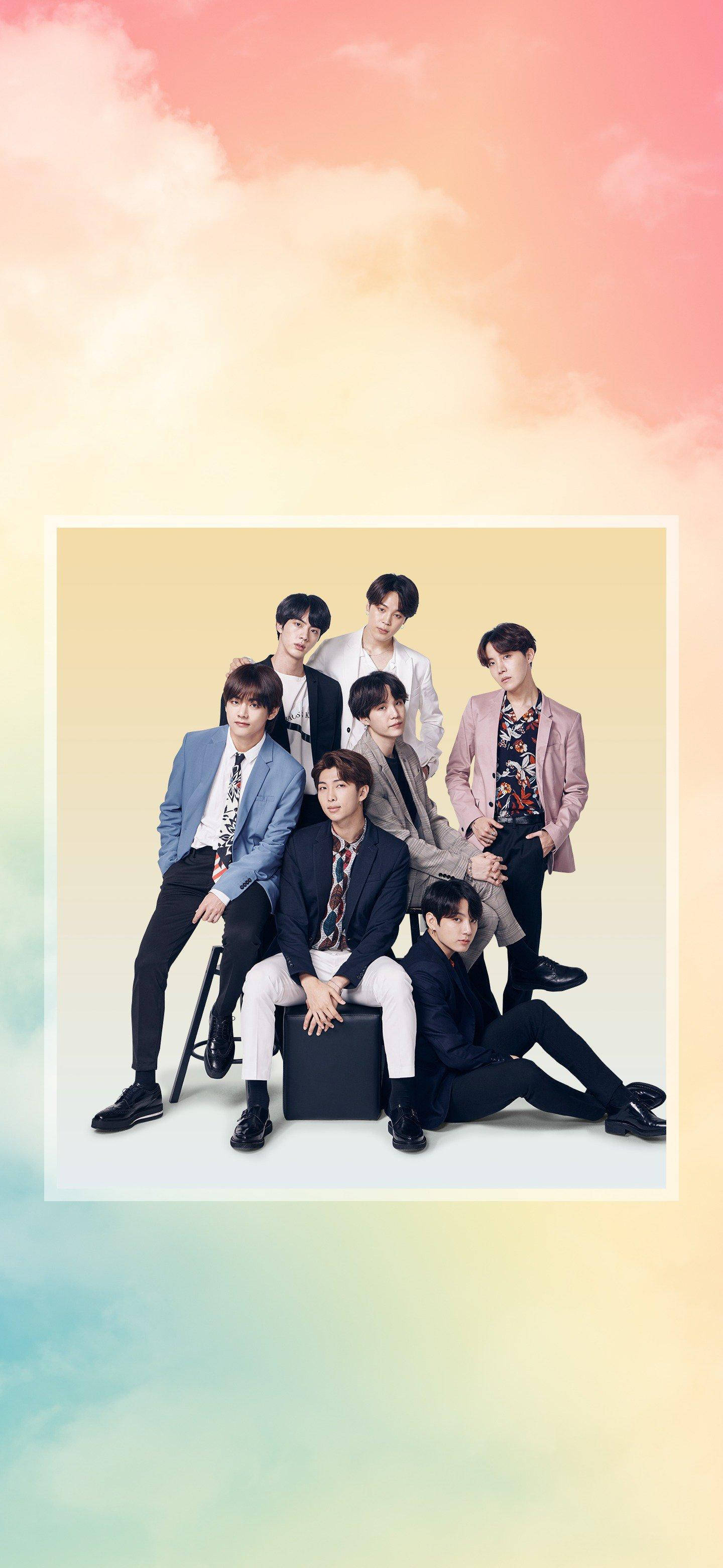 BTS Dynamite, pastel gradient sky, seven stylish young men, 2K Phone Wallpaper