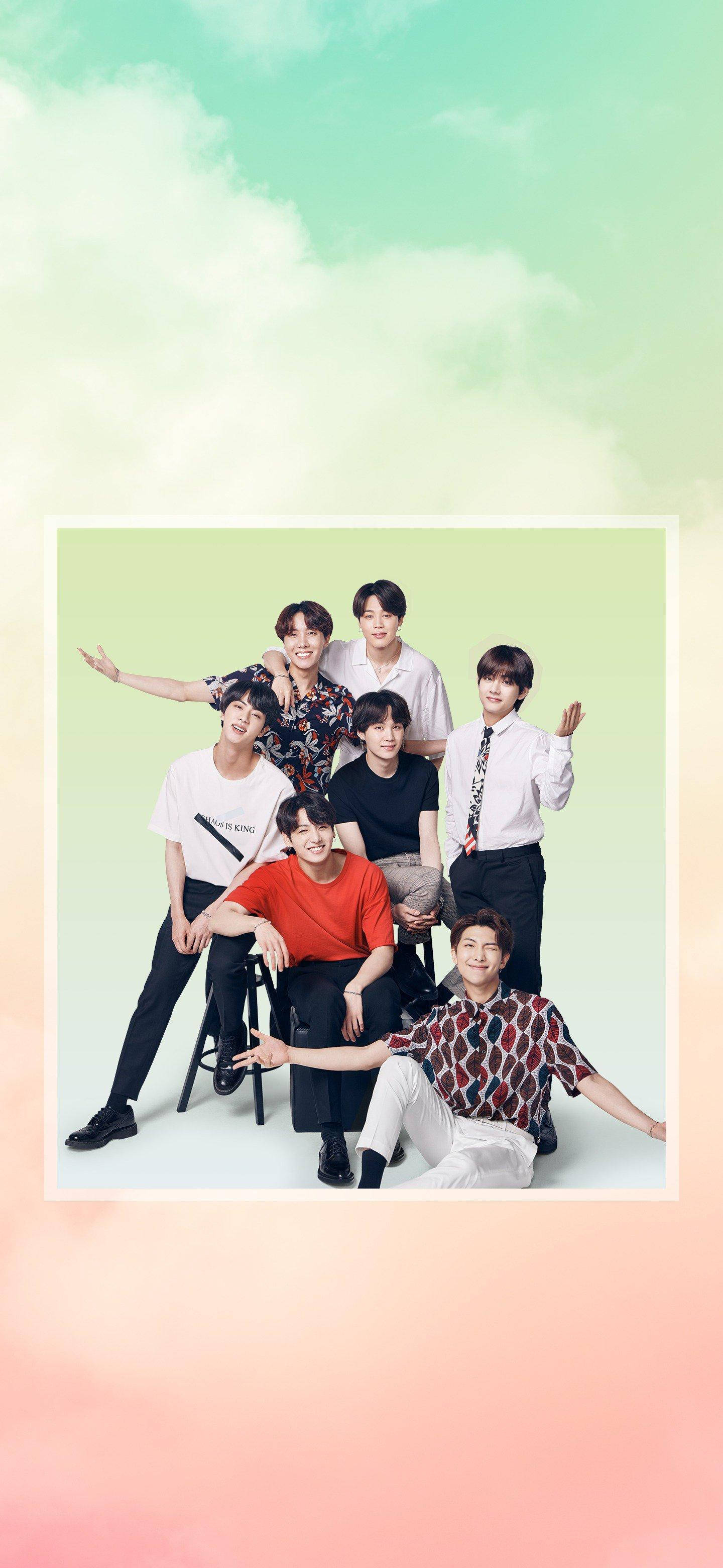BTS Dynamite, casual outfits, soft pastel gradient background, 2K Phone Wallpaper