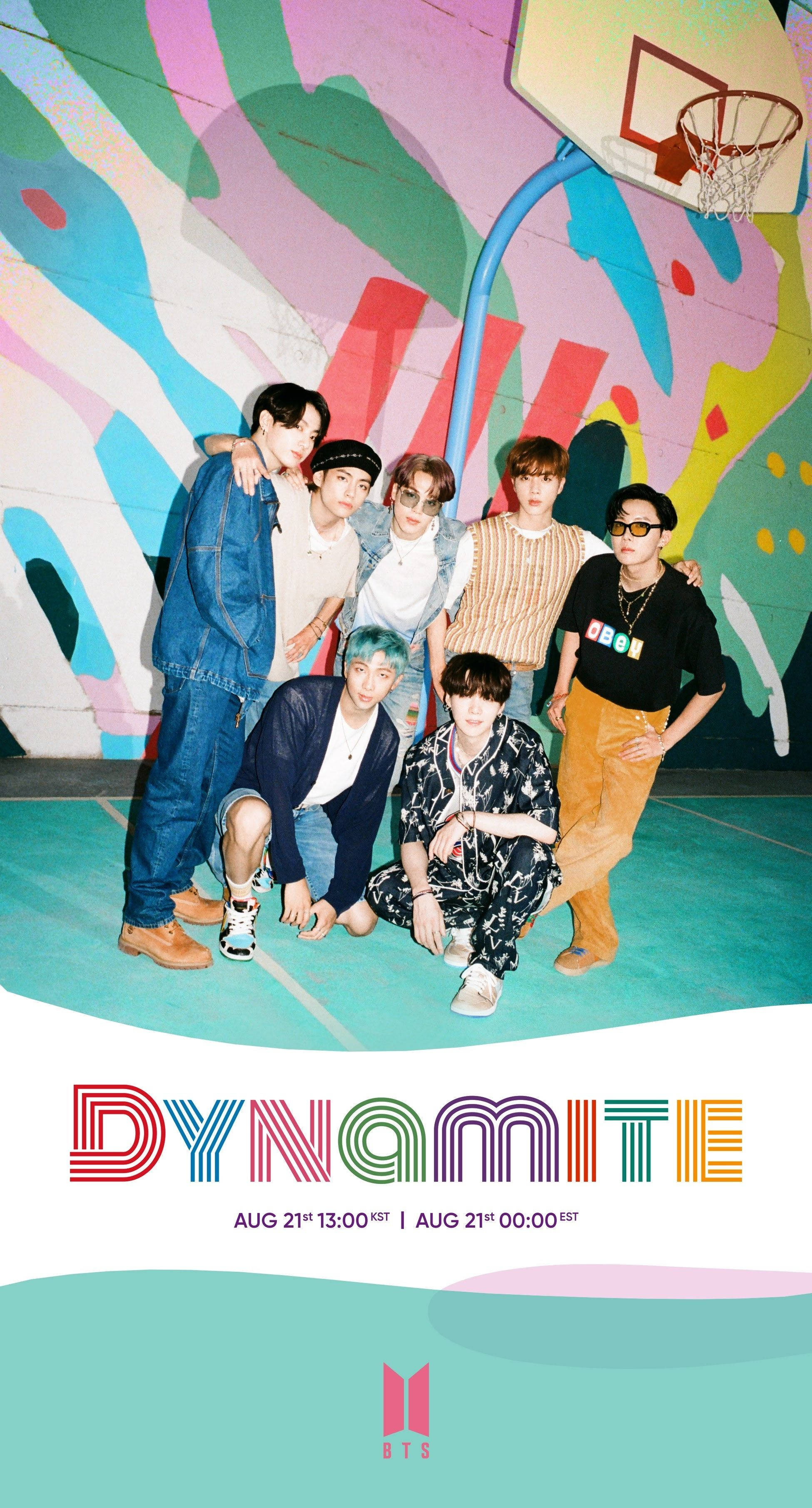 BTS Dynamite, graffiti-covered basketball court, bright studio lighting, 2K Phone Wallpaper