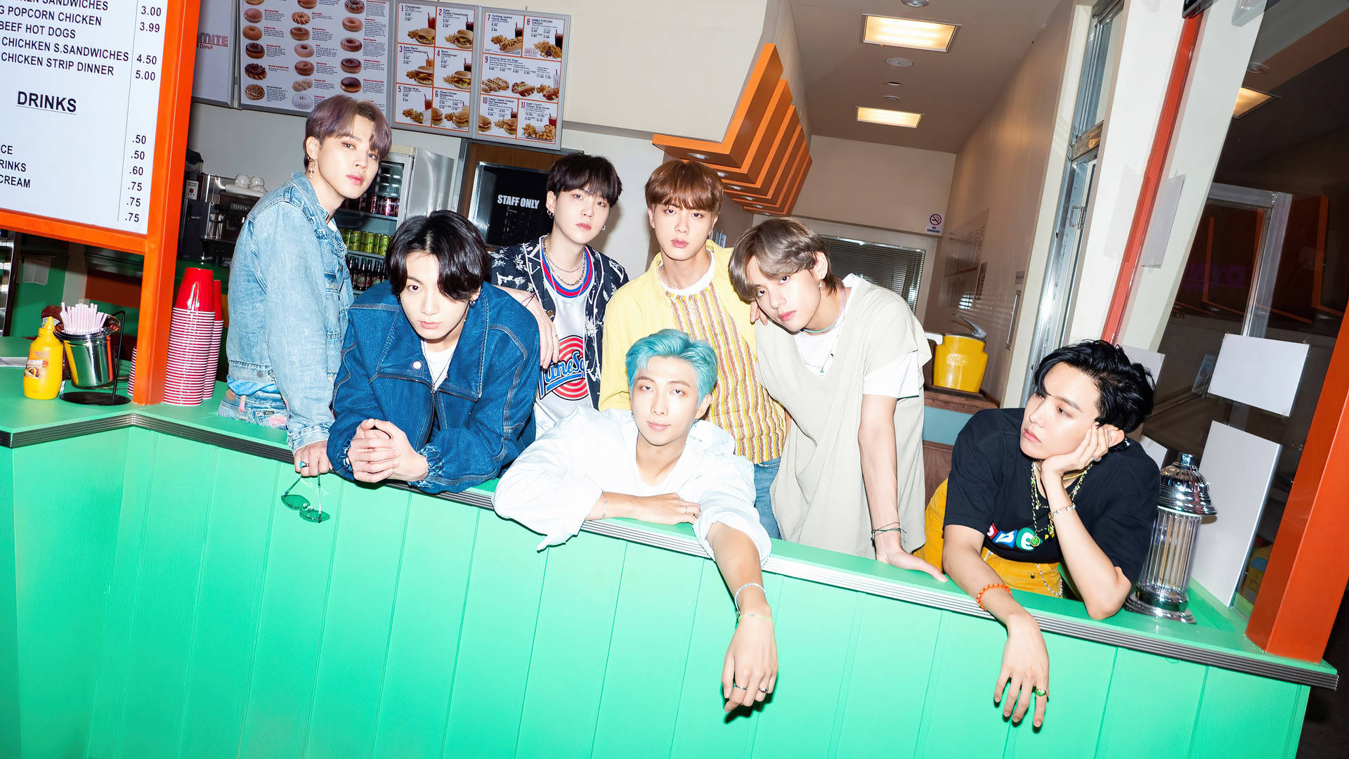 BTS, Dynamite, diner counter, Full HD Desktop Wallpaper