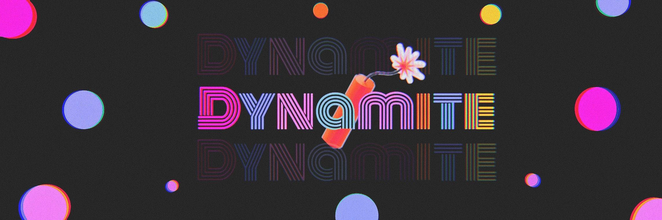 BTS Dynamite, flower exploding from the letter i, vibrant retro-futuristic typography, Full HD Desktop Wallpaper
