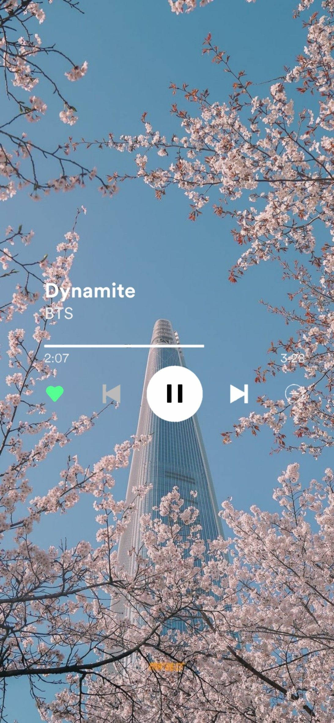 BTS Dynamite, pink cherry blossoms, towering glass skyscraper, Full HD Phone Wallpaper