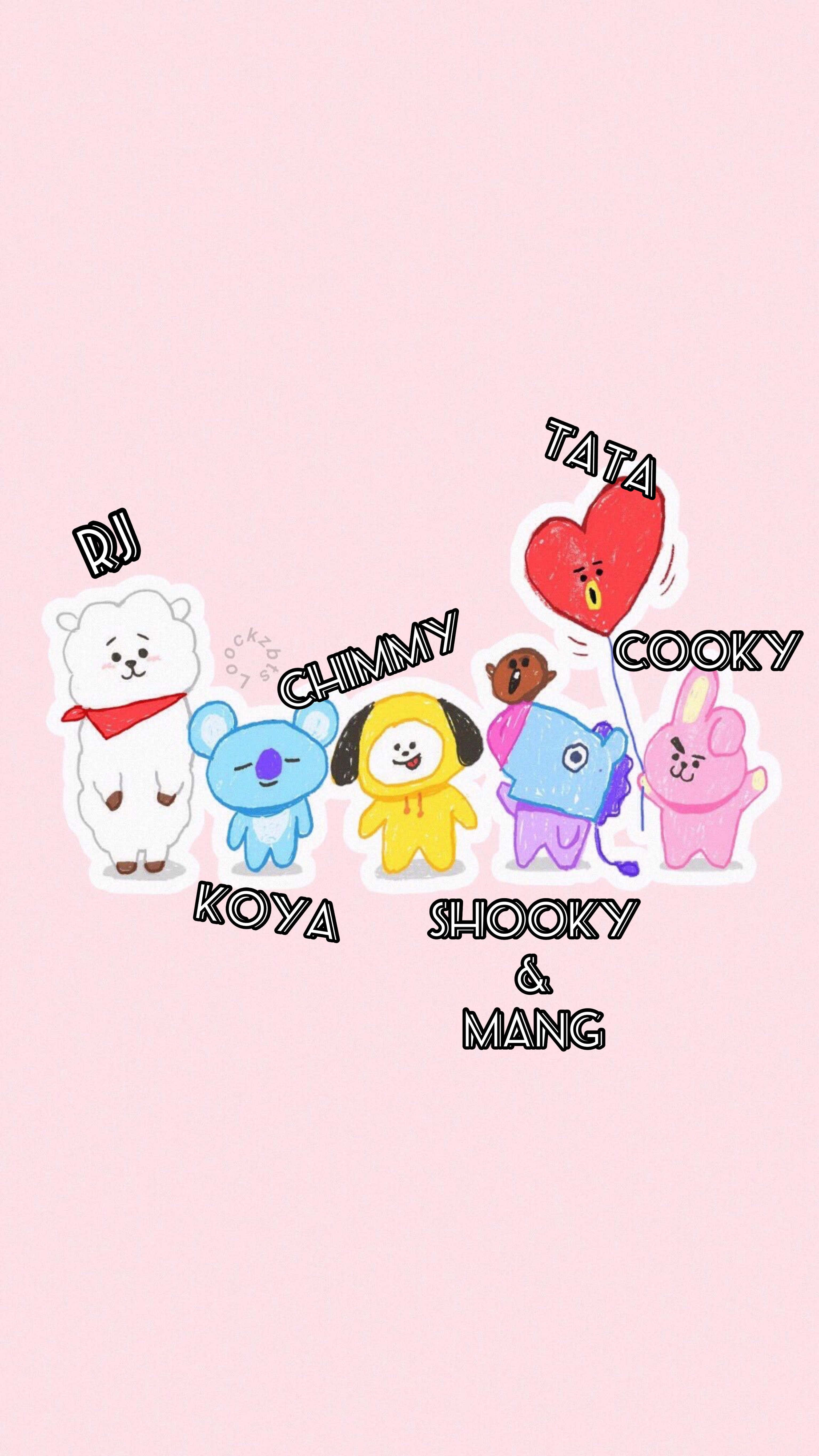 BTS, six colorful cartoon characters, soft pink background, 5K Phone Wallpaper