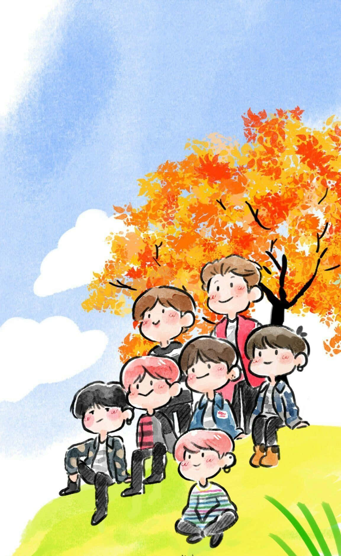BTS Fanart, seven children, vibrant orange autumn tree, HD Phone Wallpaper