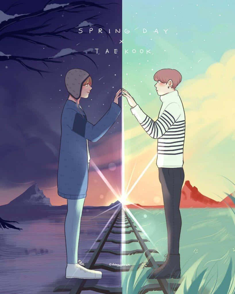 BTS Fanart, split railway track, dark winter scene, SD Phone Wallpaper