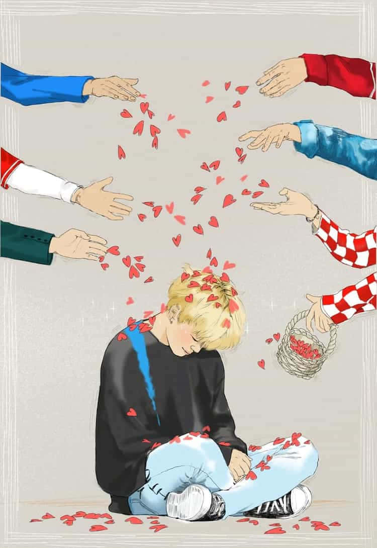BTS Fanart, red hearts, stylized illustration, SD Phone Wallpaper