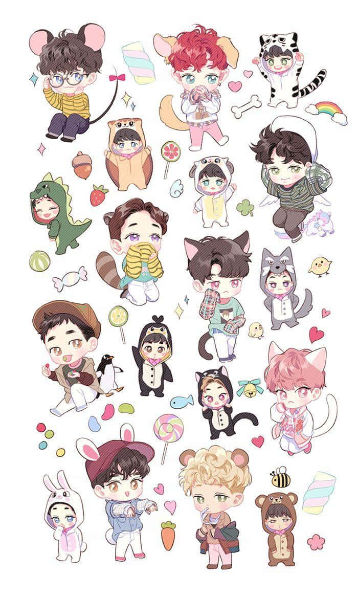 BTS Fanart, chibi-style anime characters, cute animal costumes, SD Phone Wallpaper