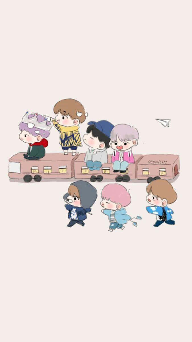 BTS Fanart, chibi anime boys, pink train, SD Phone Wallpaper