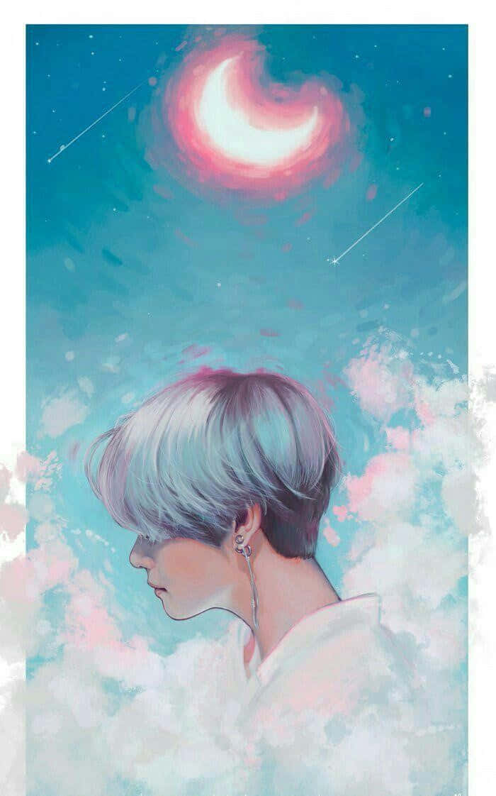 BTS Fanart, silver hair, pink crescent moon, SD Phone Wallpaper