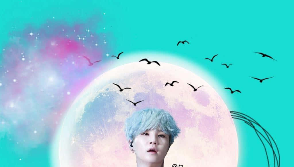 BTS Fanart, blue hair, giant moon, SD Desktop Wallpaper