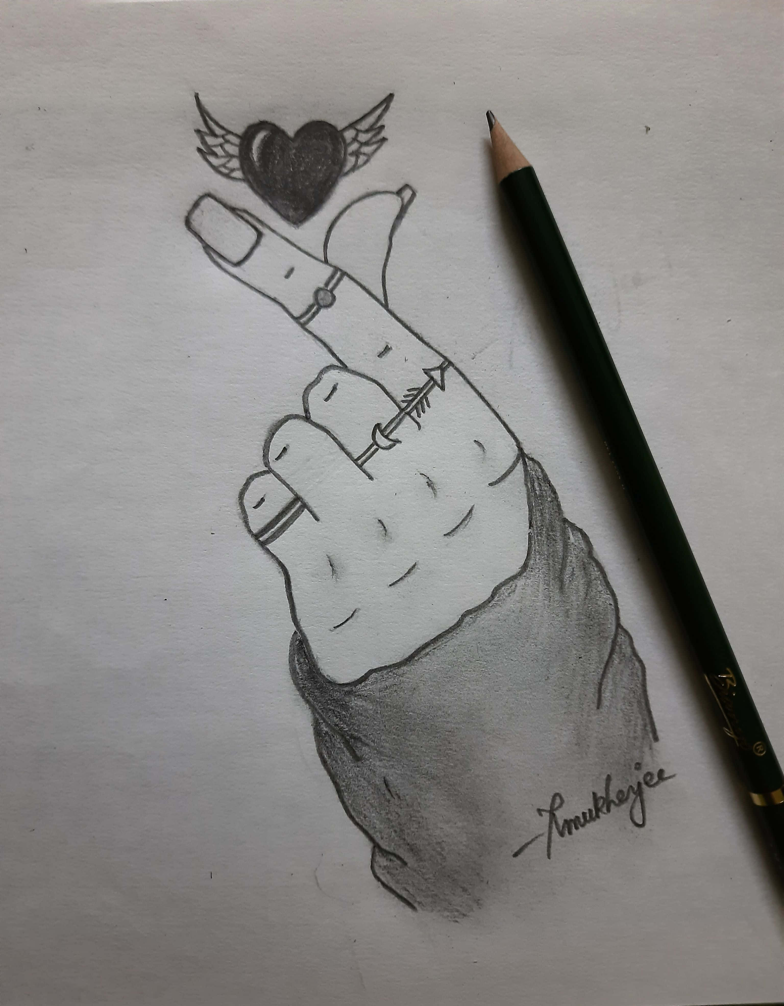 BTS Finger Heart, pencil sketch, winged heart, 4K Phone Wallpaper