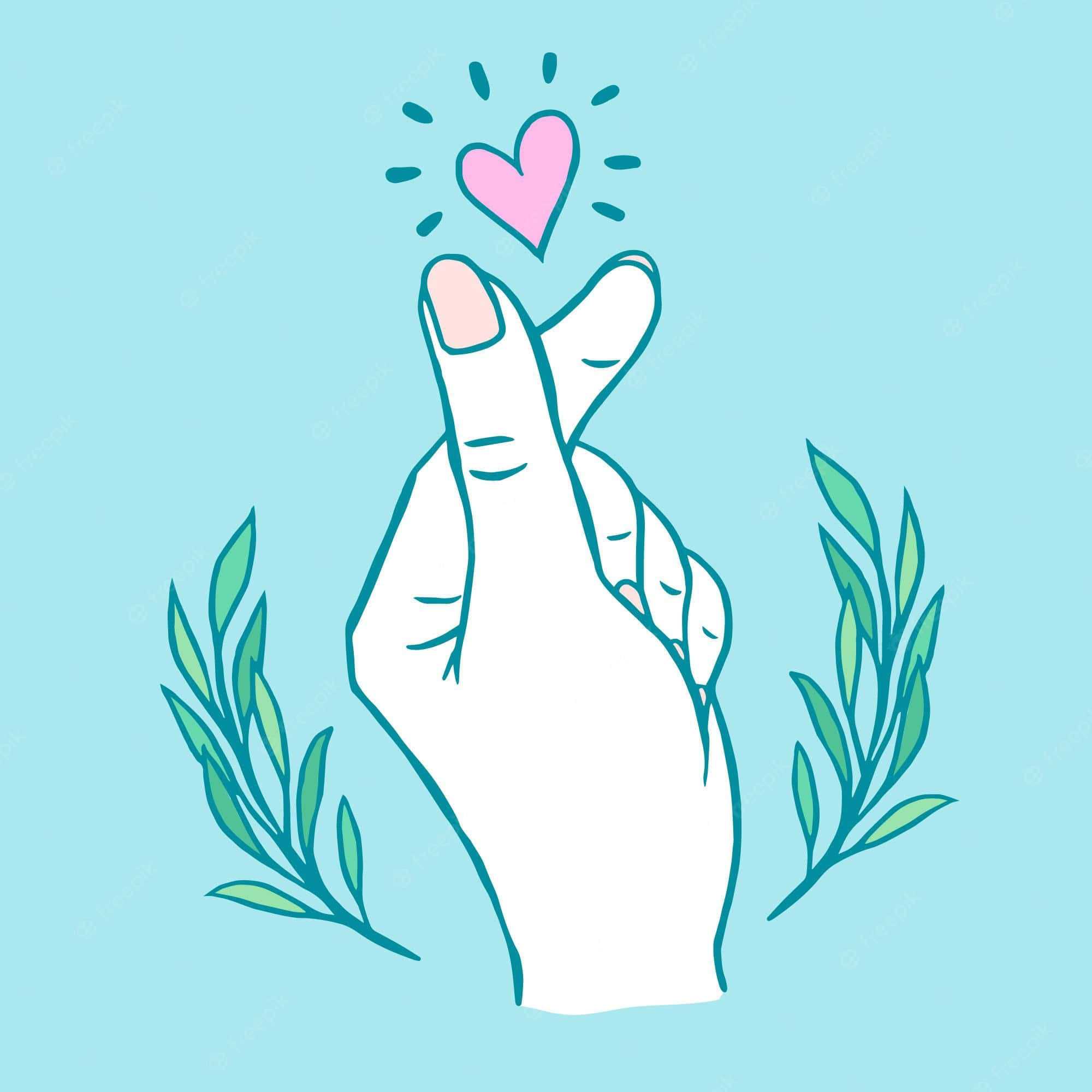 BTS Finger Heart, pastel blue, glowing pink heart, Full HD Desktop Wallpaper