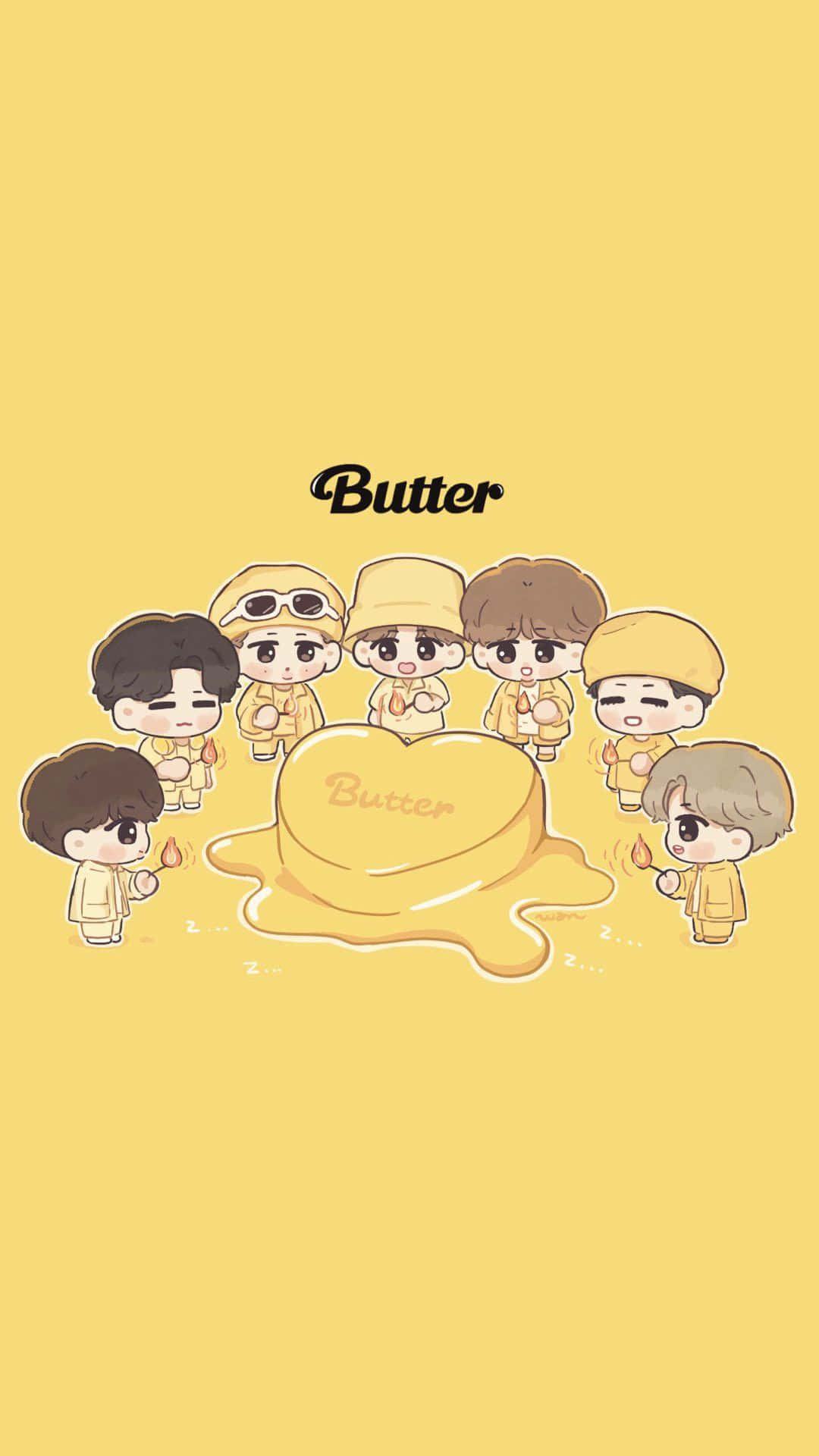 BTS, chibi-style cartoon boys, yellow outfits, Full HD Phone Wallpaper