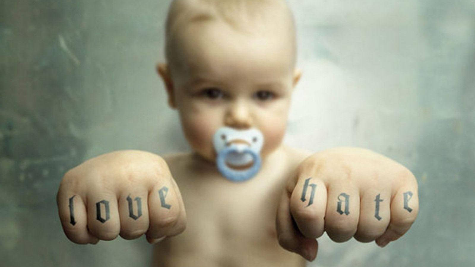 Baby, tattooed fist, tattoos reading love and hate, HD Desktop Wallpaper