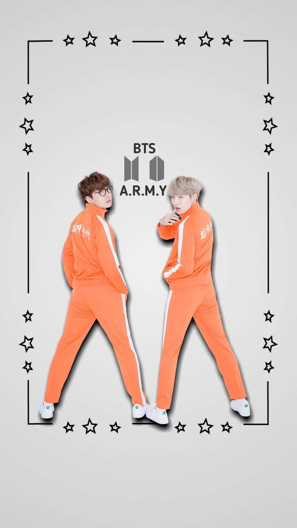 BTS, orange tracksuits, minimalist star-bordered background, HD Phone Wallpaper