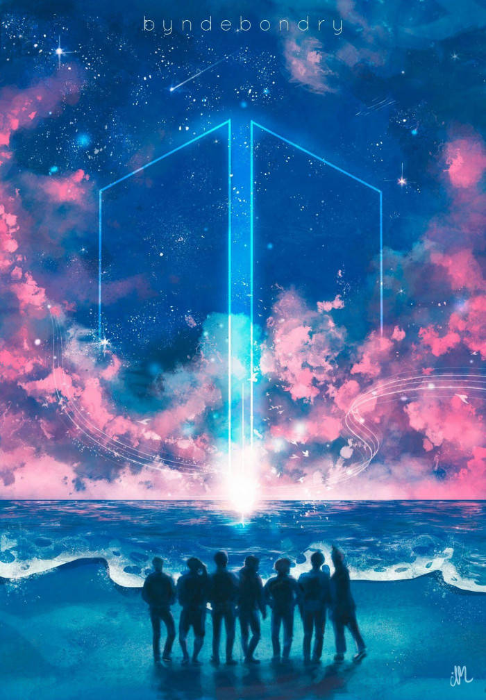 BTS Galaxy, glowing shoreline, radiant blue geometric portal, SD Phone Wallpaper