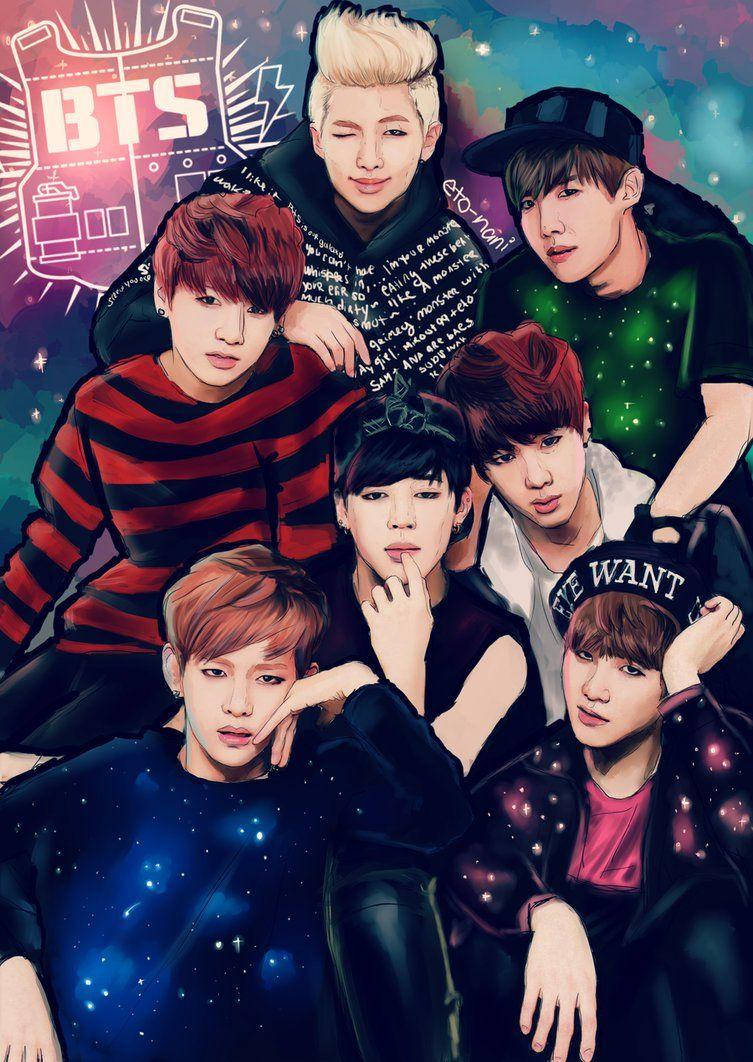 BTS, BTS Anime Galaxy, cosmic starry background, SD Phone Wallpaper