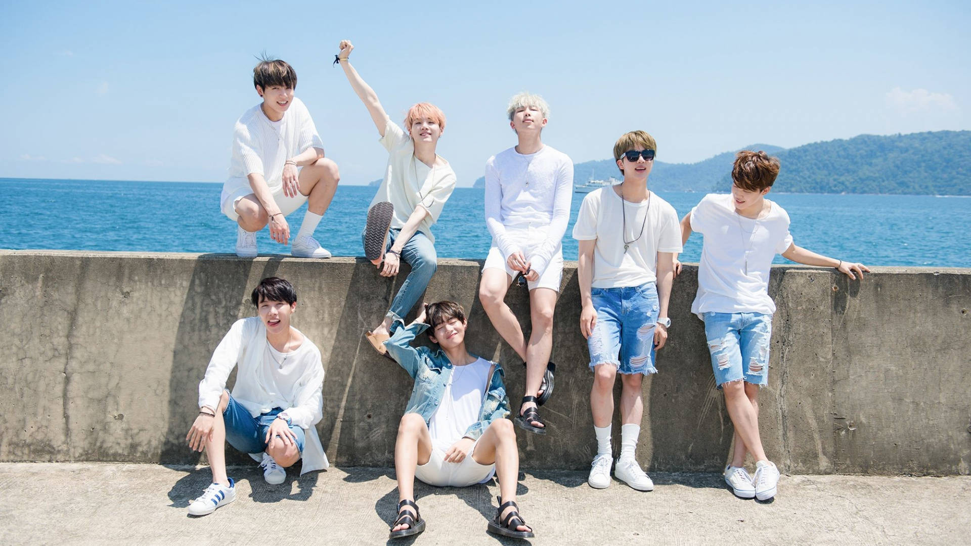 BTS, ocean, concrete seawall, Full HD Desktop Wallpaper