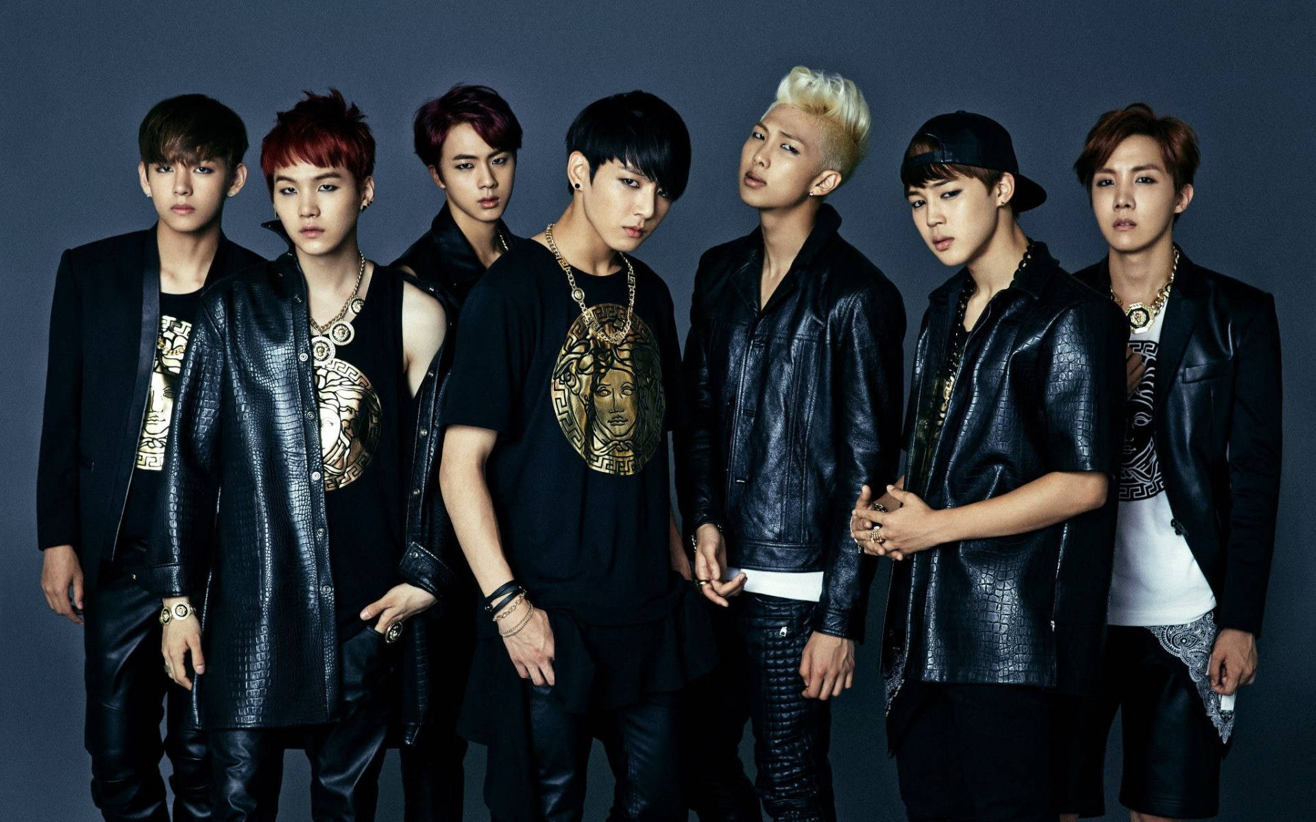 BTS, black leather outfits, dark gray studio backdrop, Full HD Desktop Wallpaper