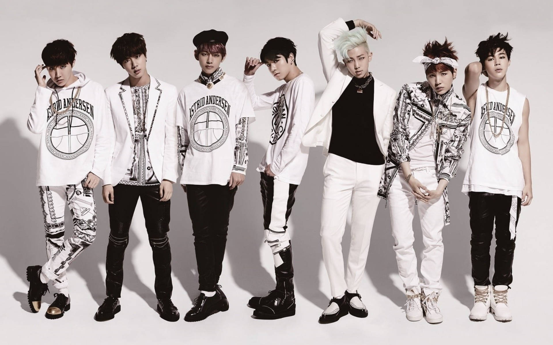 BTS, white and black outfits, studio background, Full HD Desktop Wallpaper