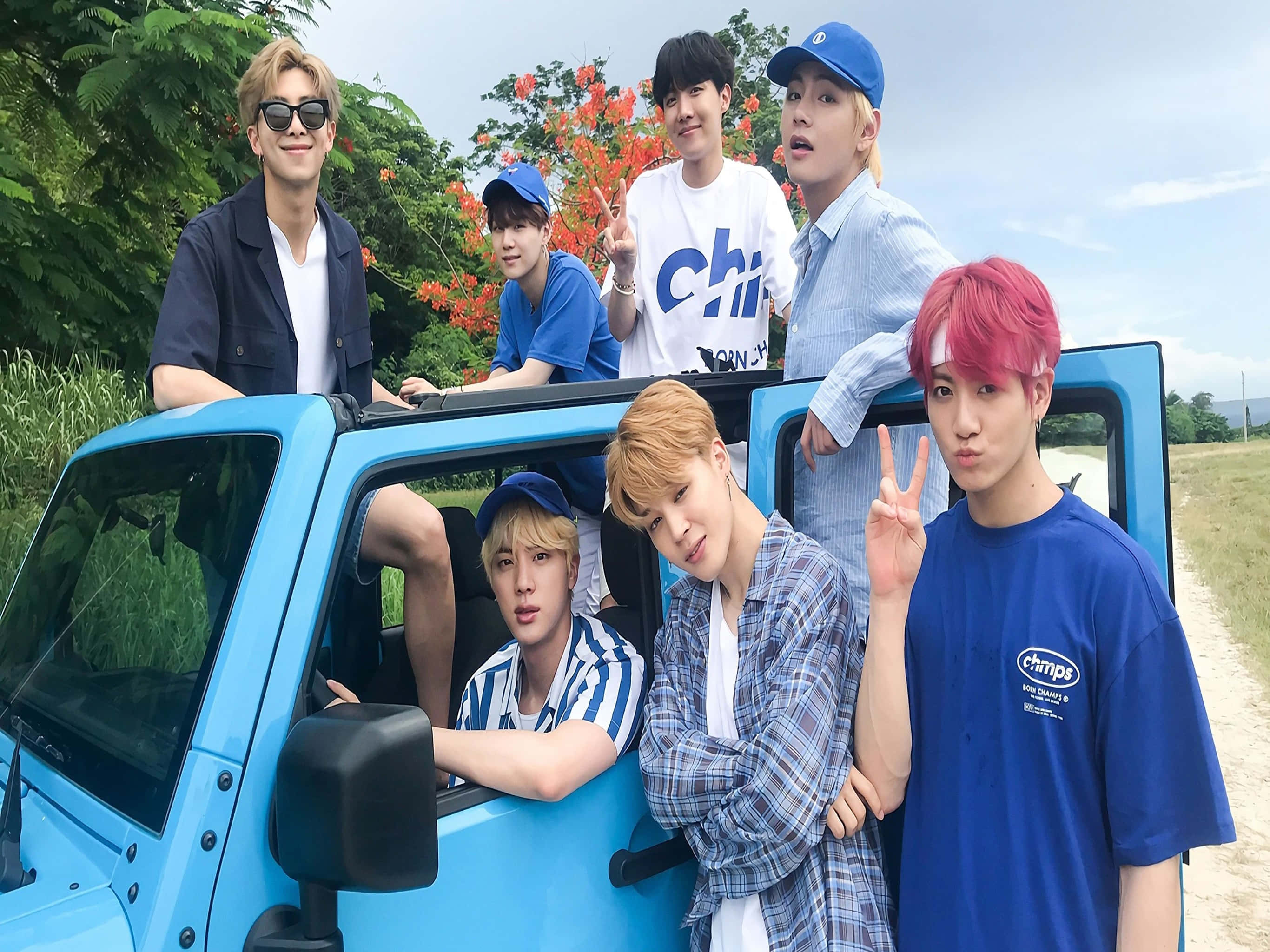 BTS, Summer Outing, blue jeep, 2K Desktop Wallpaper