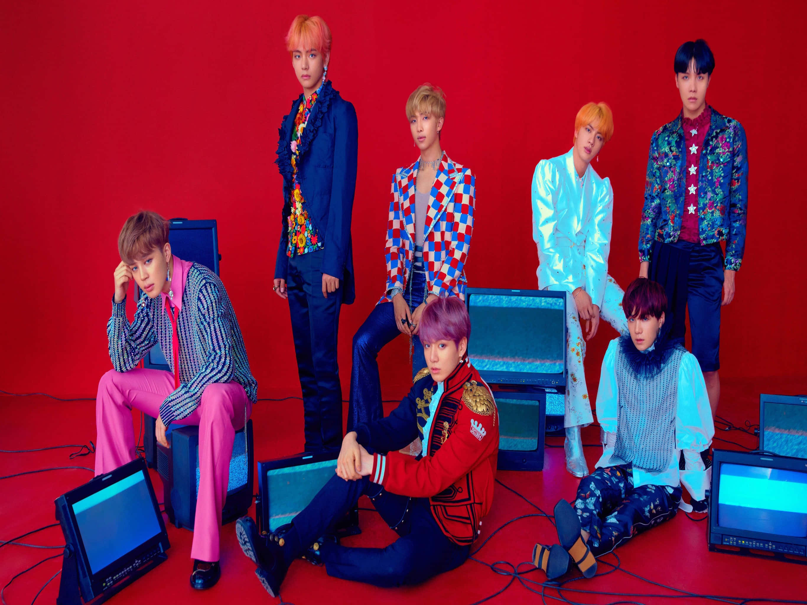 BTS, red background, vintage TVs, 2K Desktop Wallpaper
