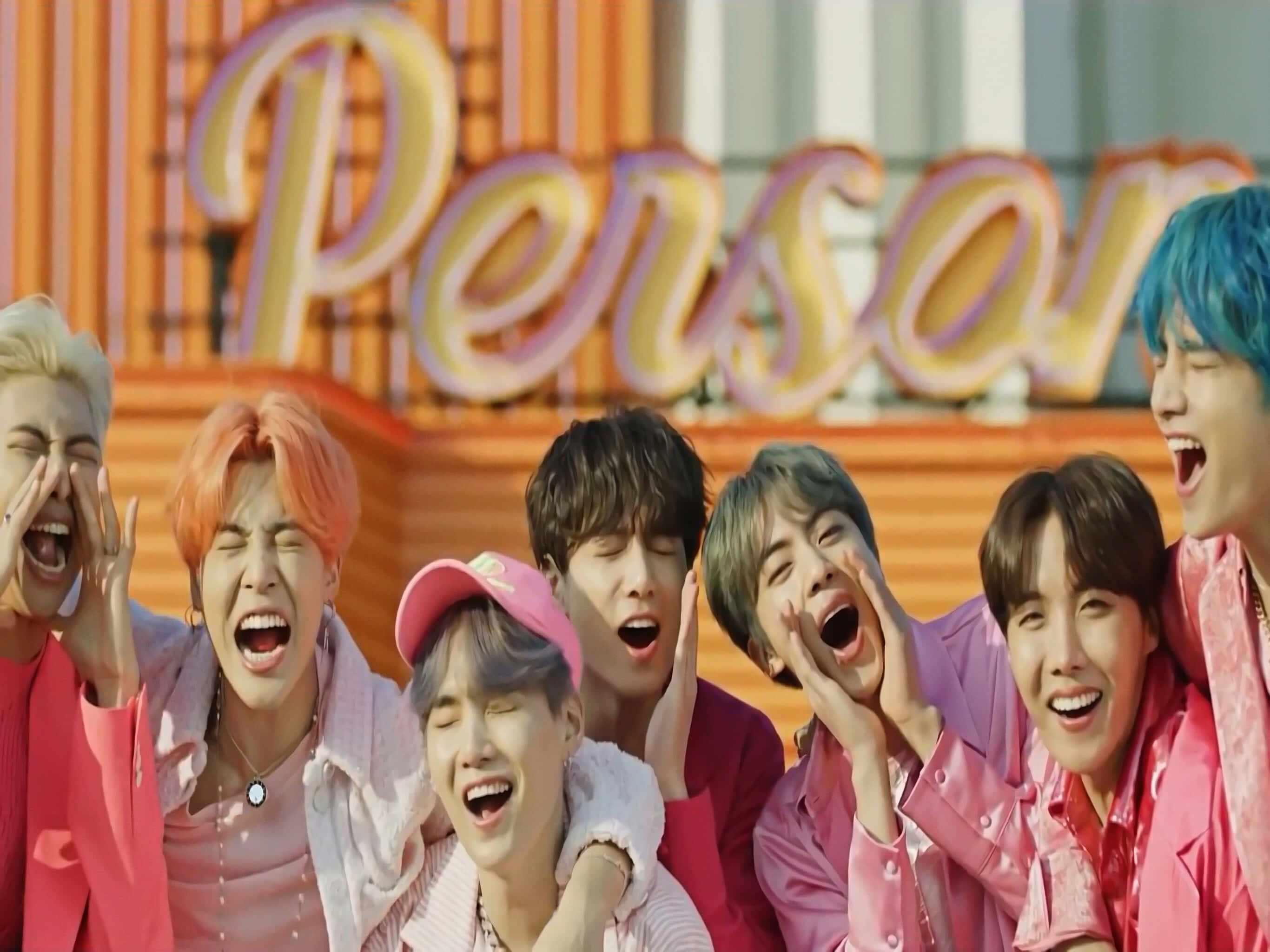 BTS, Group Laughter Persona Backdrop, pink outfits, 2K Desktop Wallpaper