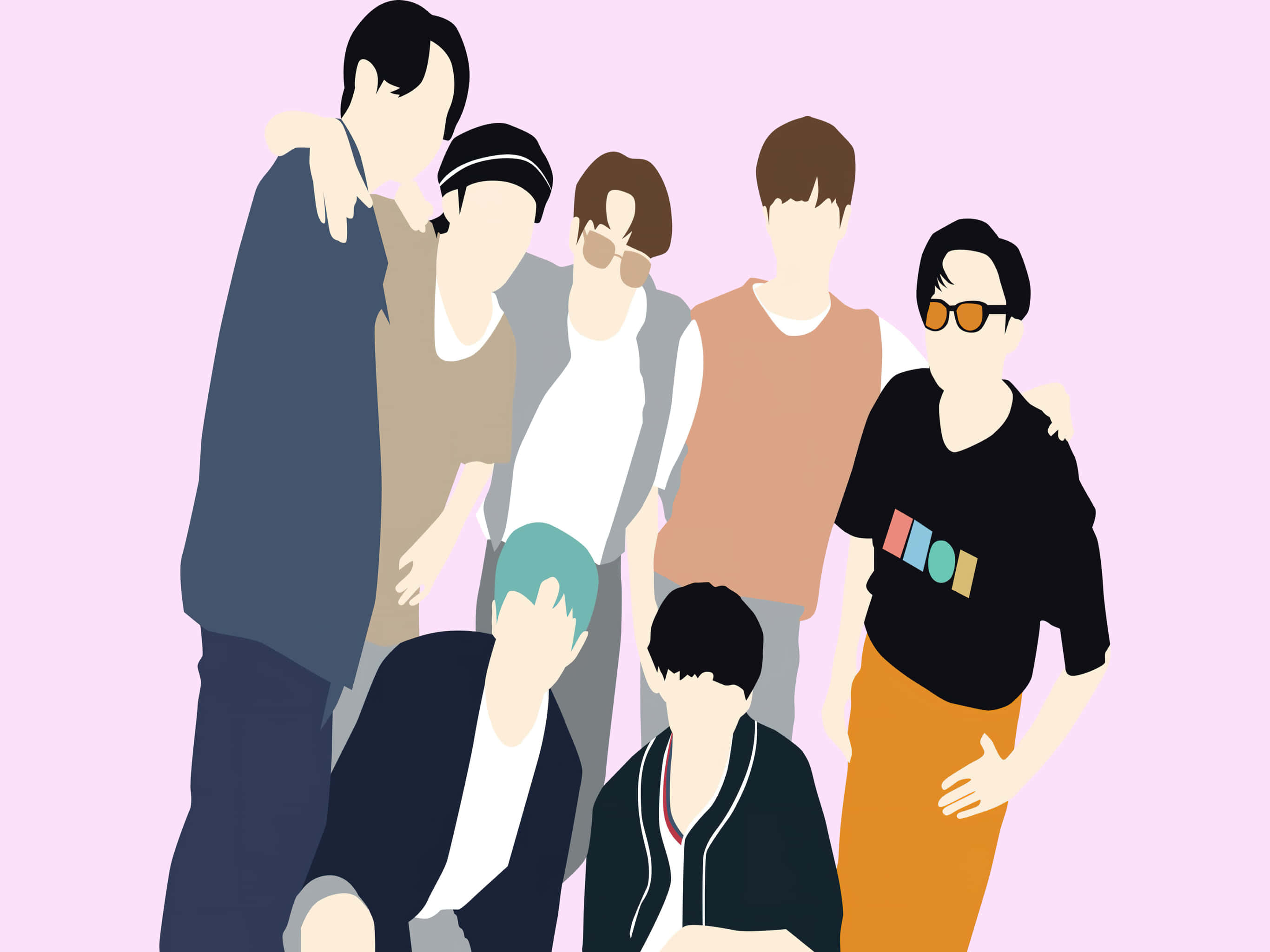 BTS, group illustration, pink background, 2K Desktop Wallpaper