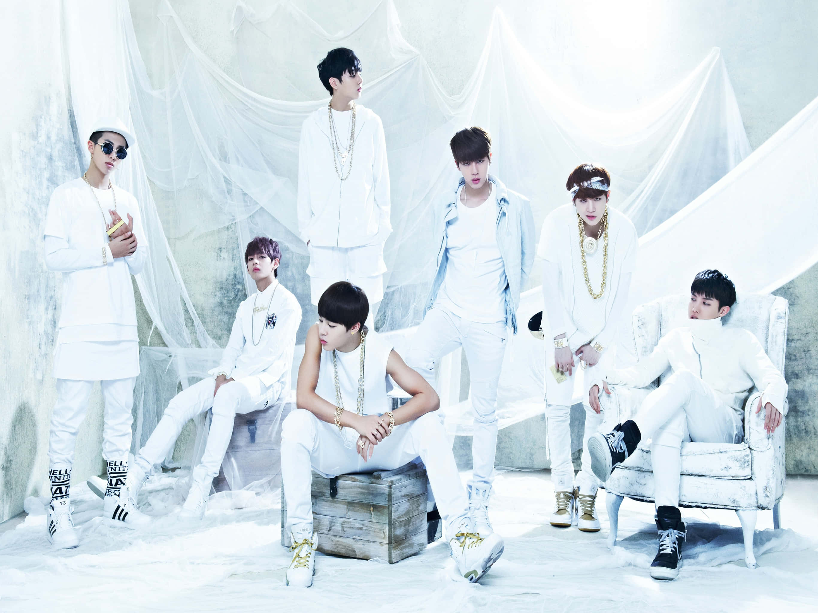 BTS, white attire, white outfits, 2K Desktop Wallpaper