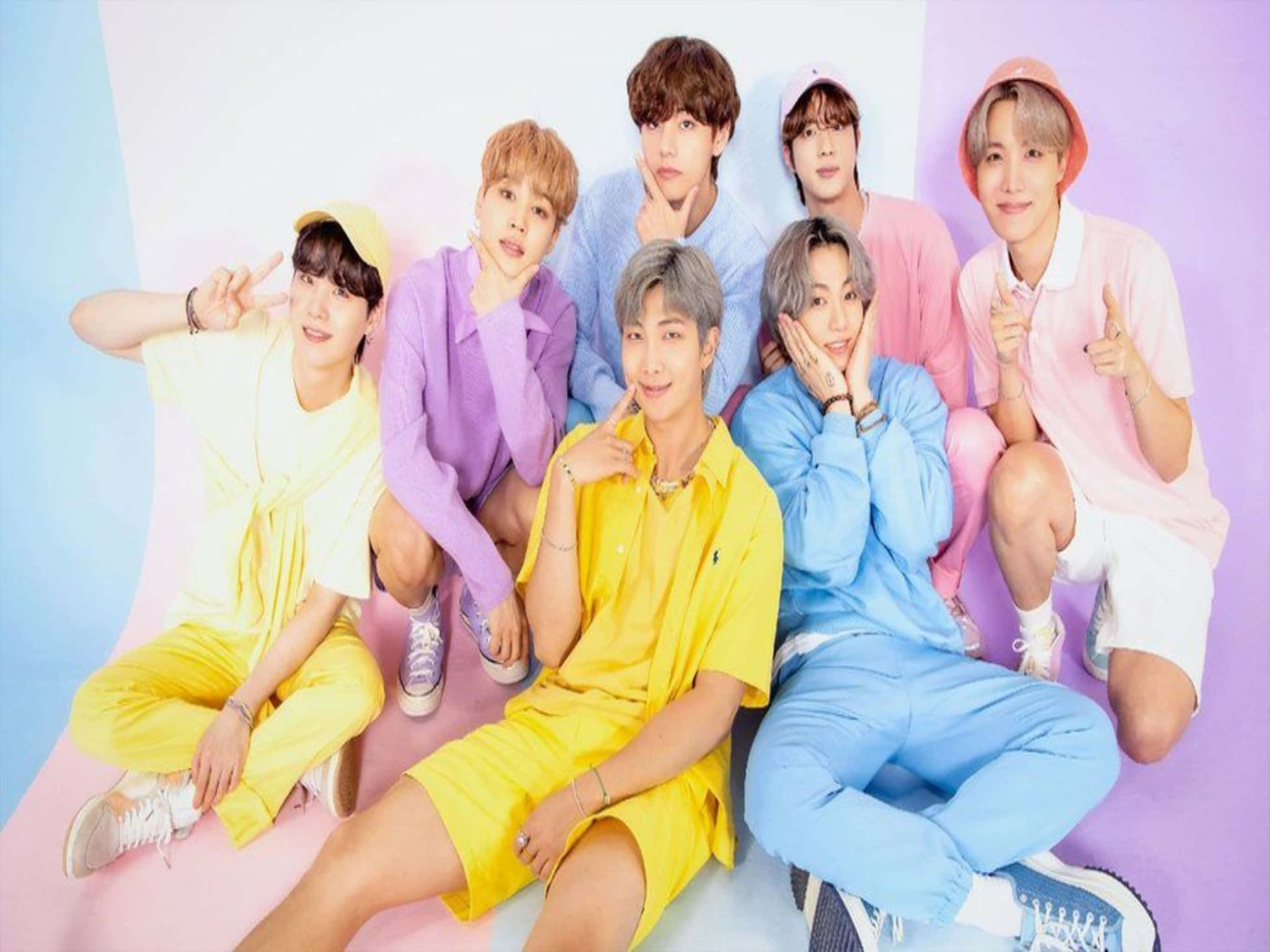 BTS, pastel outfits, pink blue and purple gradient, 2K Desktop Wallpaper