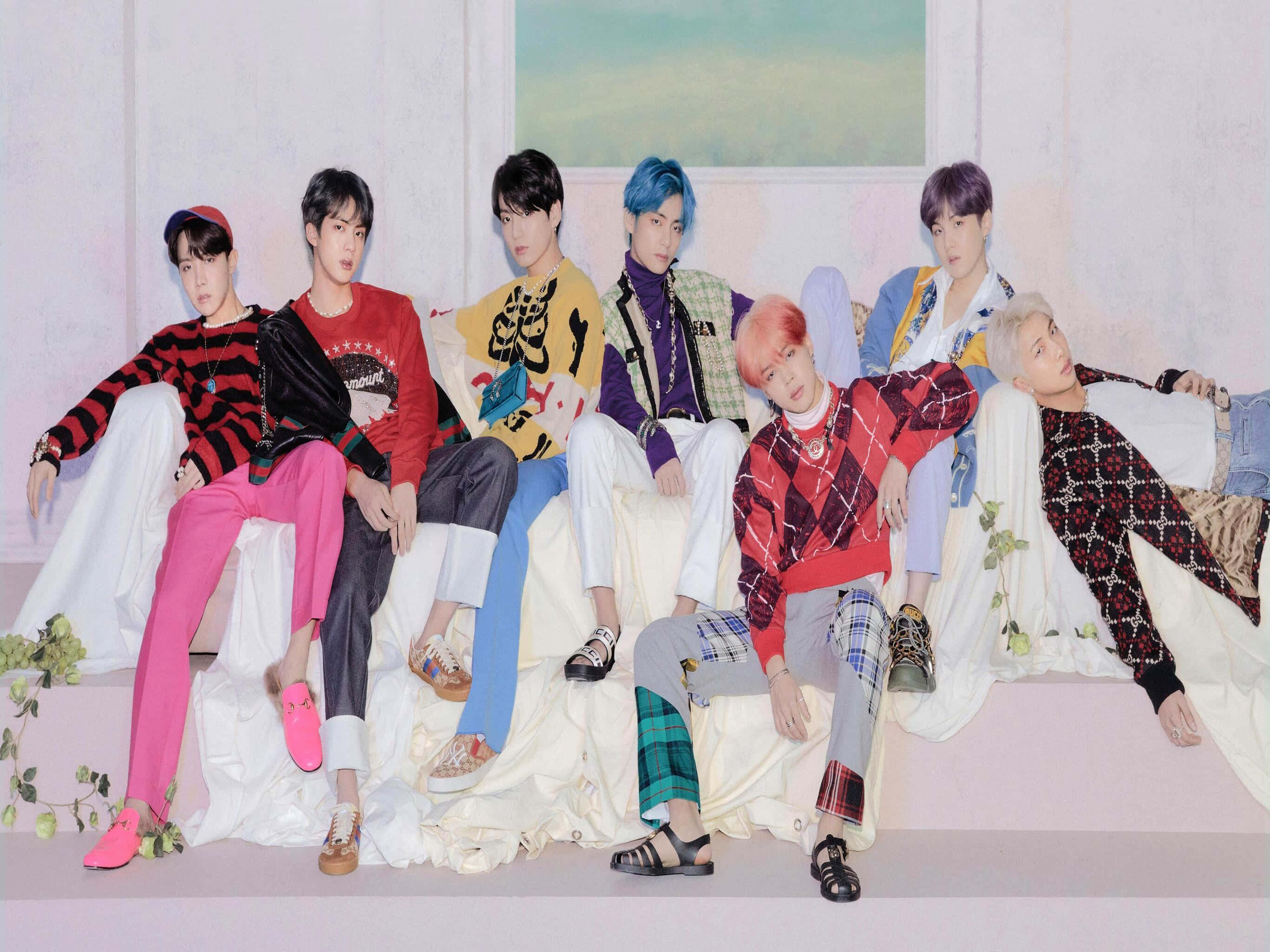 BTS, group photo, colorful eclectic outfits, 2K Desktop Wallpaper