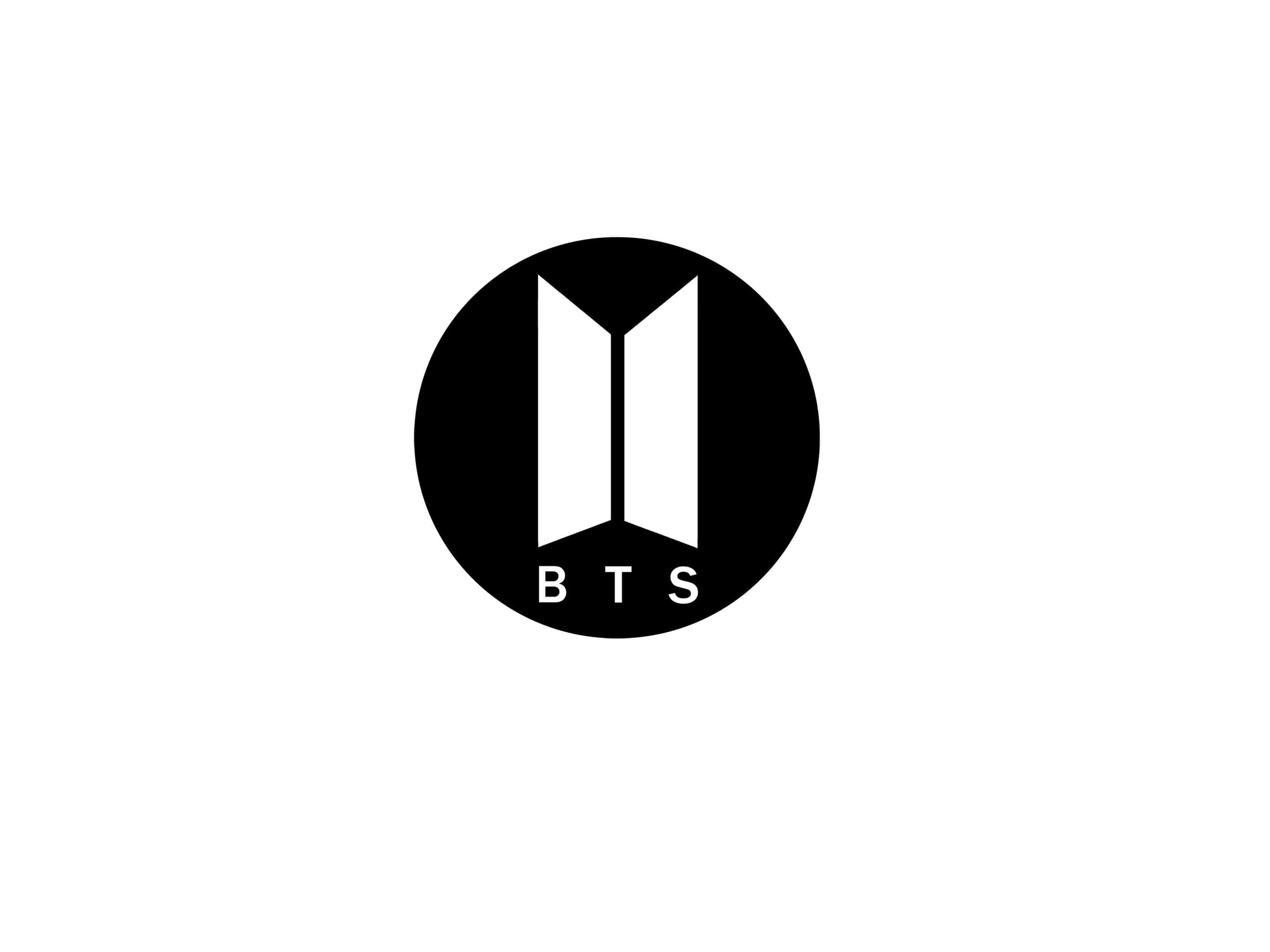 BTS, black circular logo, stylized white flag design, 2K Desktop Wallpaper
