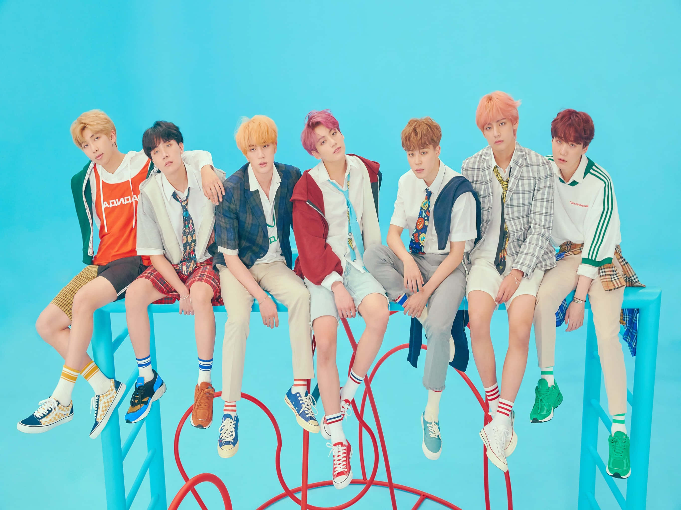 BTS, colorful hair, blue bench, 2K Desktop Wallpaper