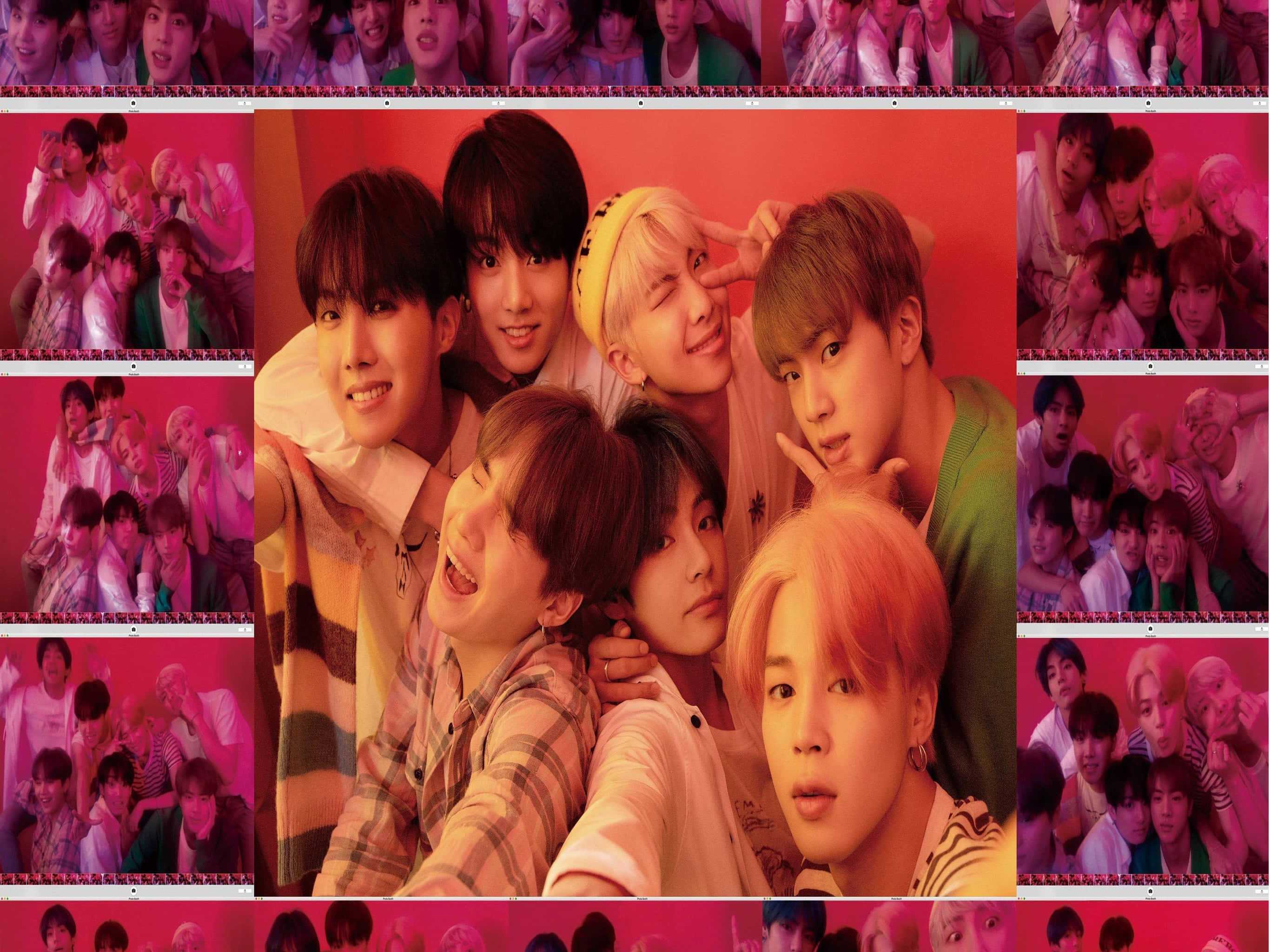 BTS, red backdrop, vibrant pink and orange gradient background, 2K Desktop Wallpaper