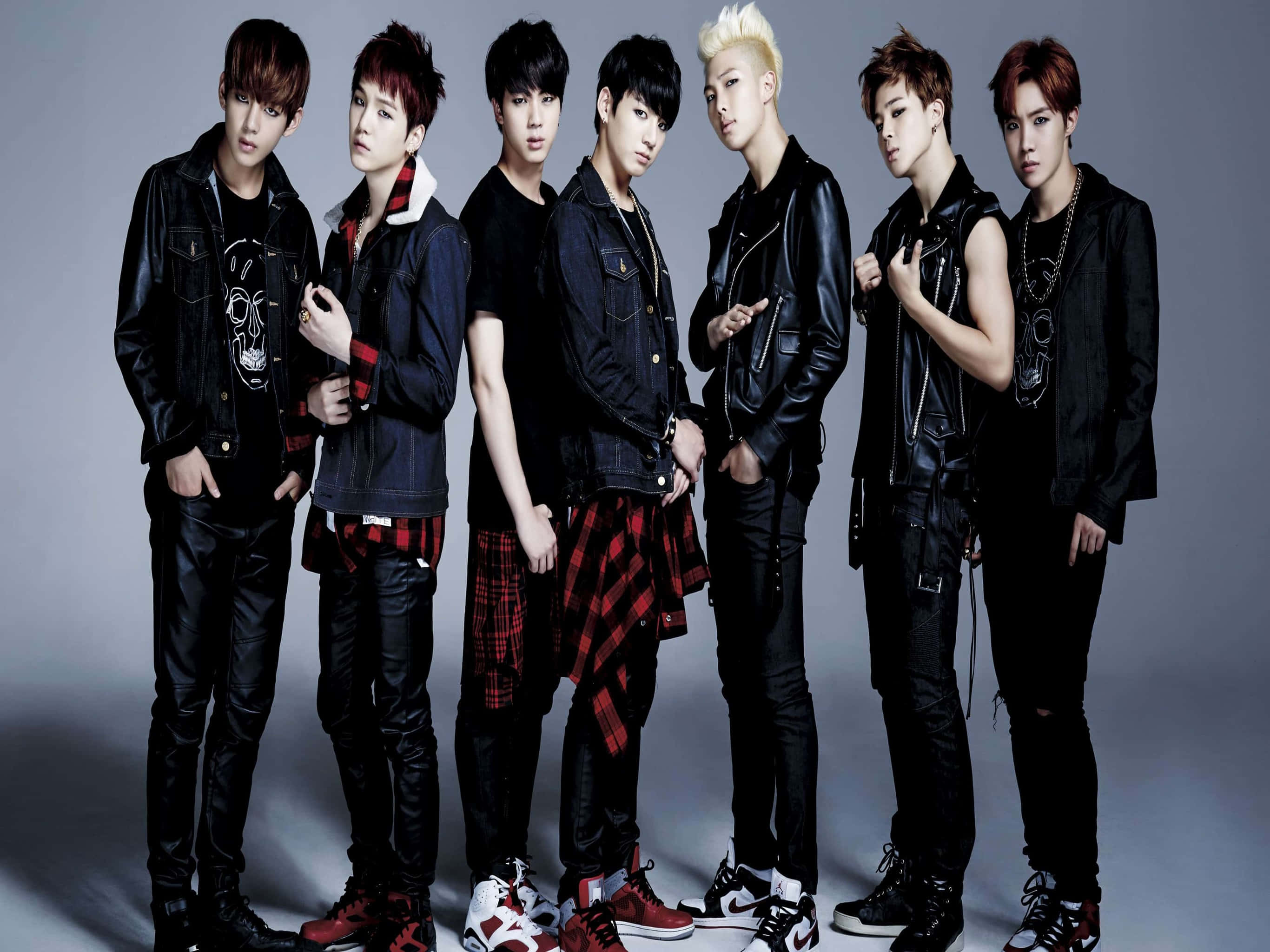 BTS, leather jackets, plaid accents, 2K Desktop Wallpaper