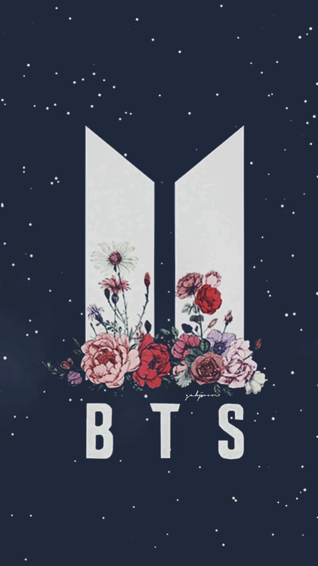 BTS Logo, vibrant flowers, starry night sky, Full HD Phone Wallpaper