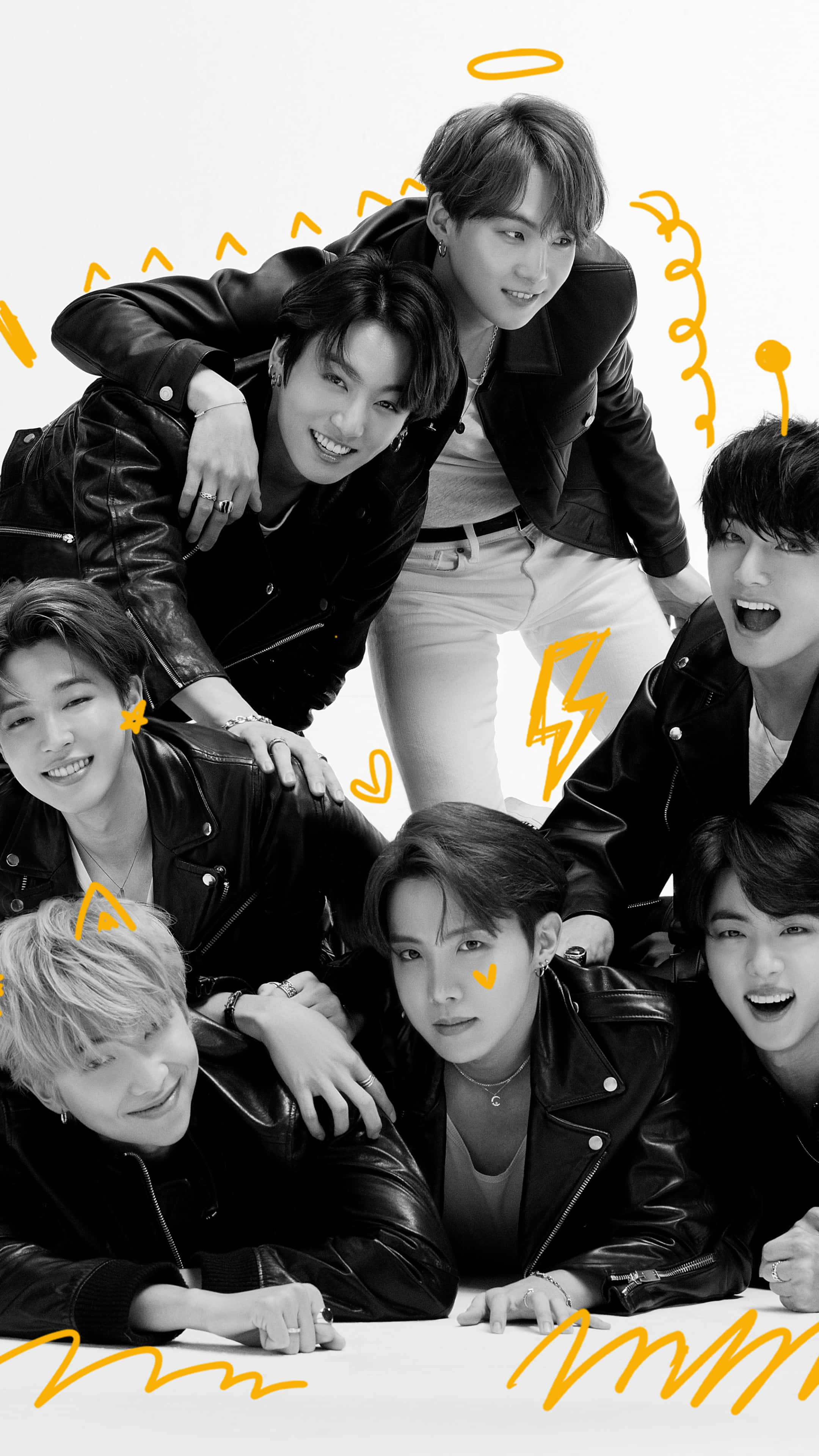 B&W BTS iPhone, black leather jackets, white background, 4K Phone Wallpaper