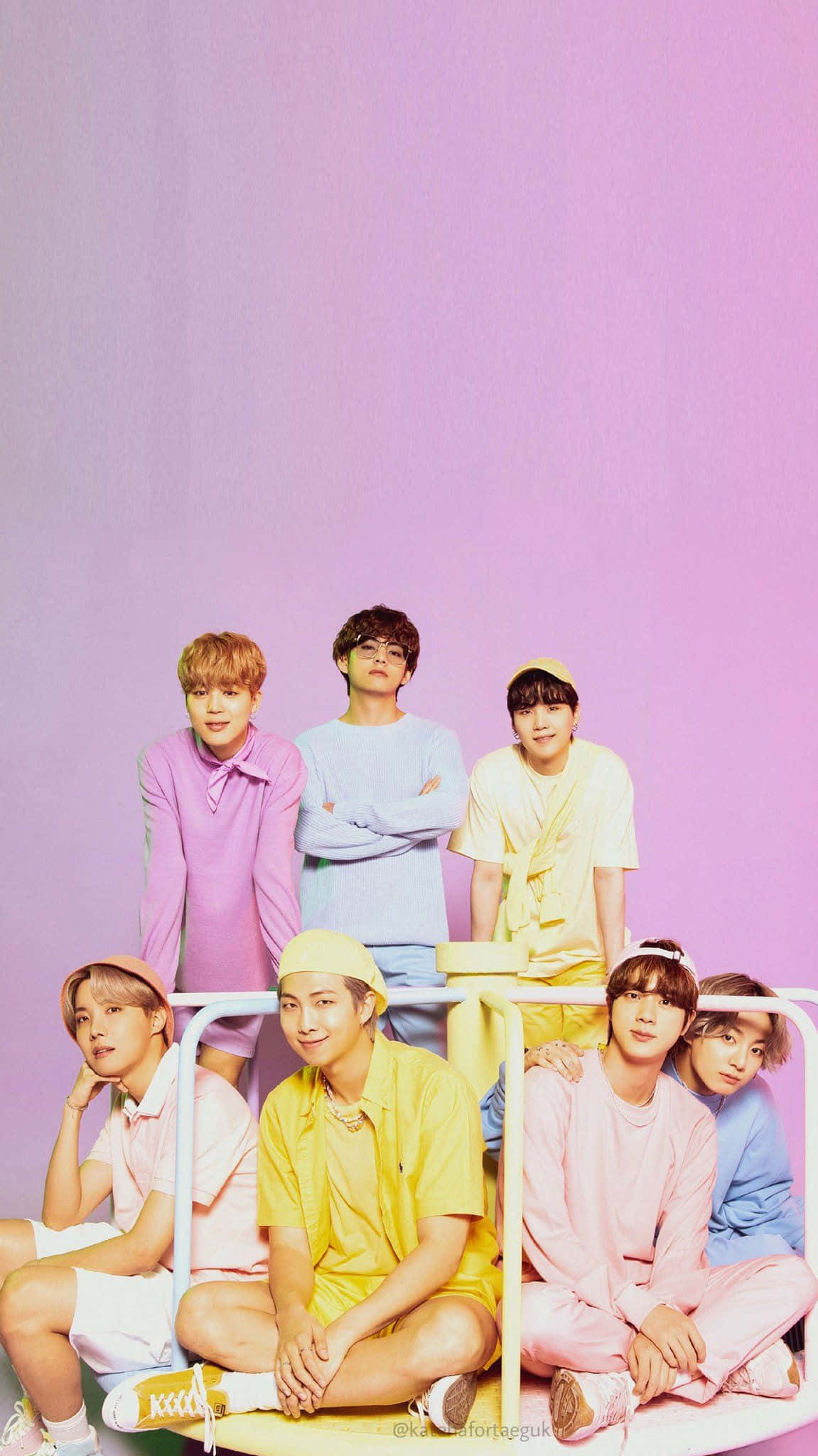 Pajama BTS iPhone, pastel-colored outfits, white bench, Full HD Phone Wallpaper