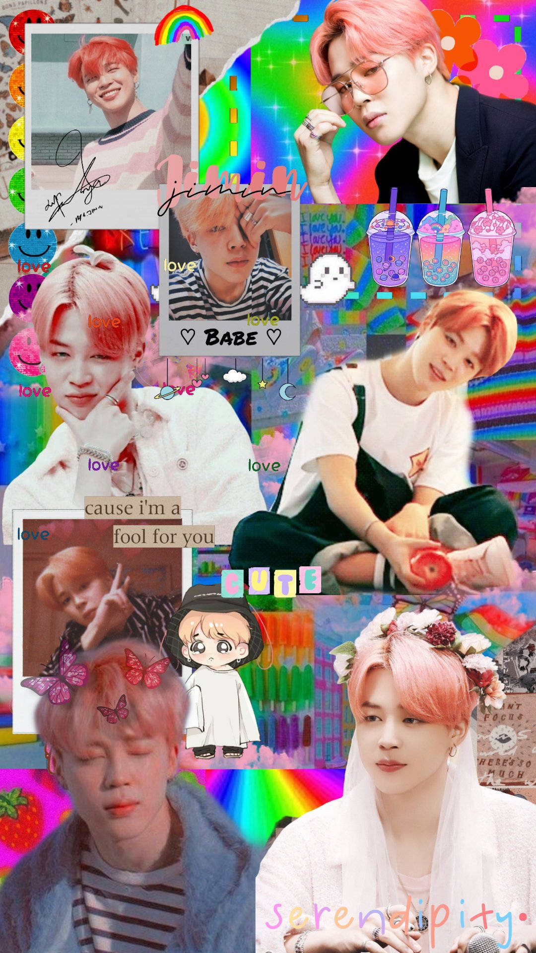 indie kid aesthetic, pink hair, rainbow background, Full HD Phone Wallpaper