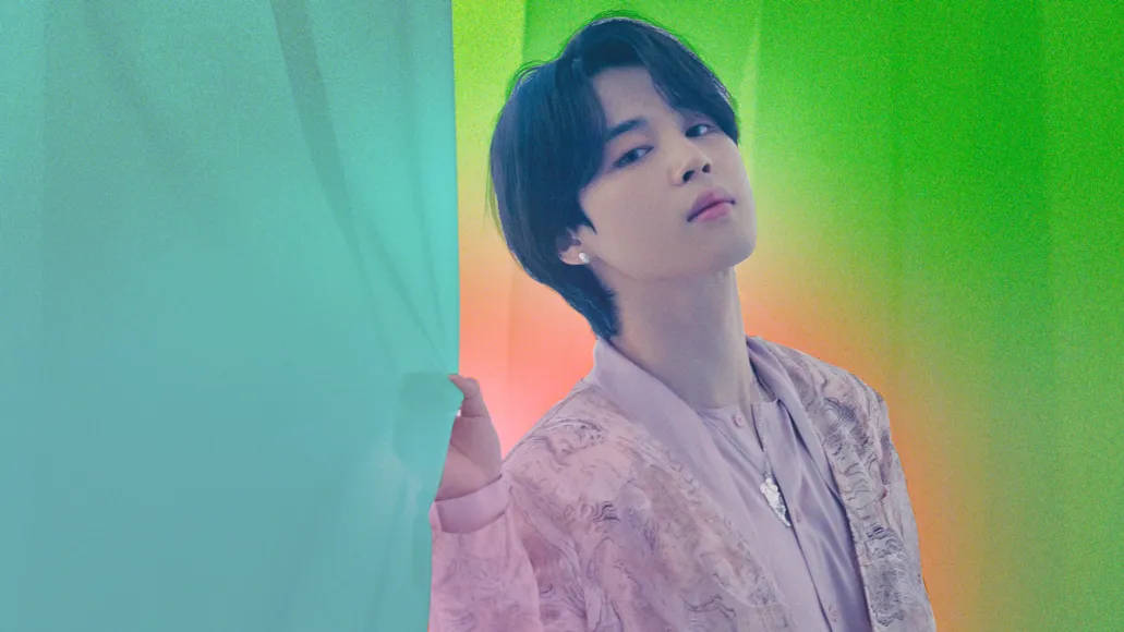 BTS Jimin, pink patterned shirt, teal curtain, SD Desktop Wallpaper