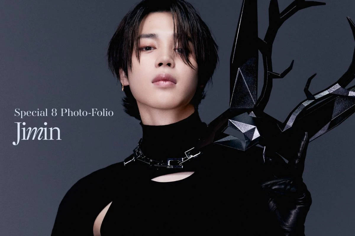 BTS Jimin, black outfit, geometric antler-like accessory, SD Desktop Wallpaper