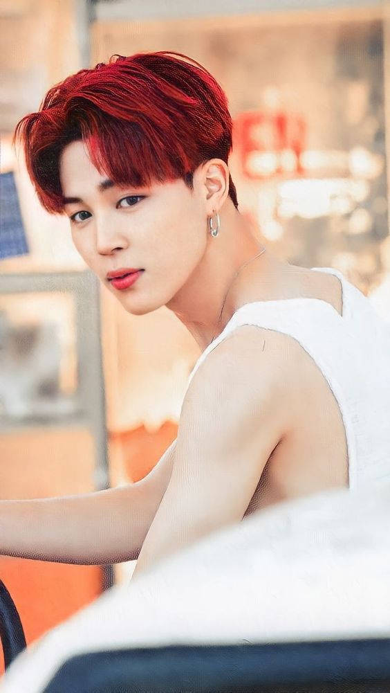 BTS Jimin, red hair, white tank top, SD Phone Wallpaper