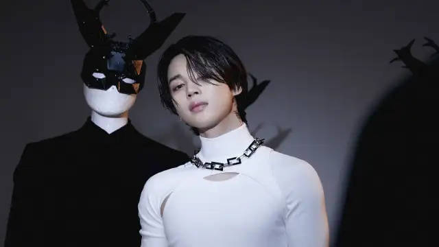 BTS Jimin, white turtleneck, masked figure with antlers, SD Desktop Wallpaper