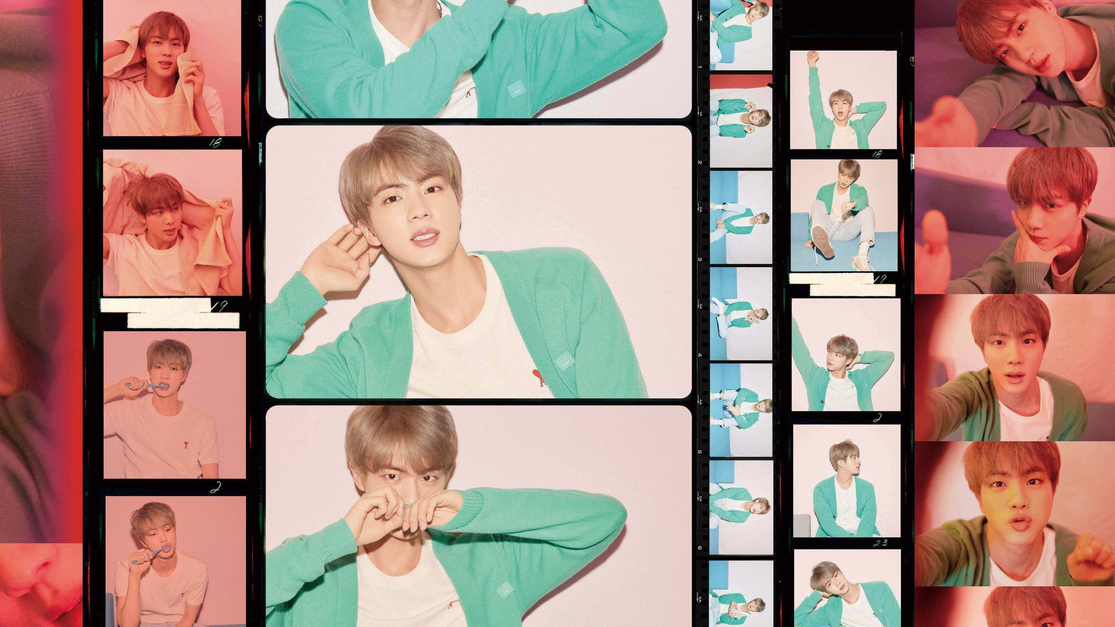 BTS Jin Aesthetic, green cardigan, pink and blue tones, 4K Desktop Wallpaper
