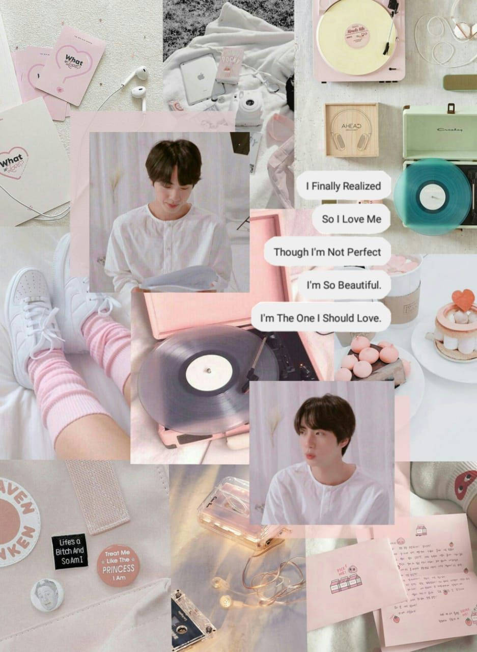 BTS Jin, pastel electronics, handwritten affirmations, HD Phone Wallpaper