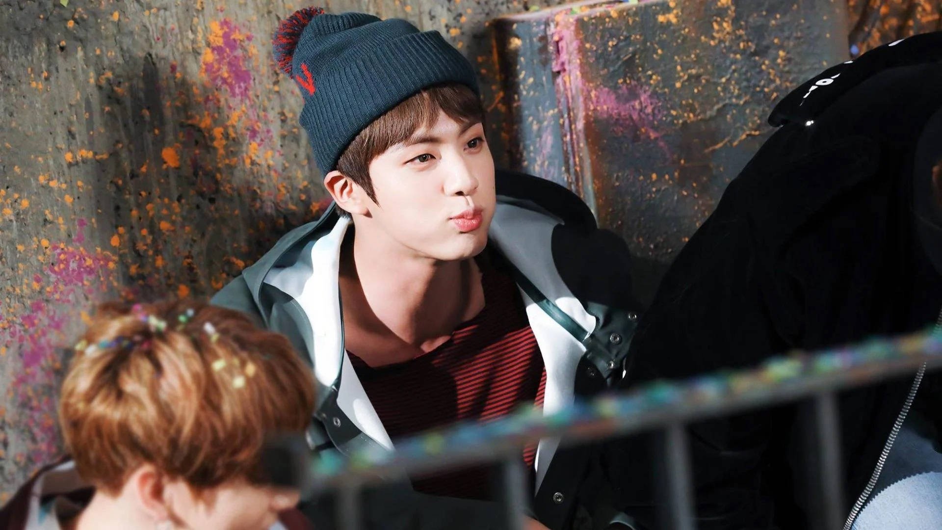 BTS Jin, beanie, graffiti-splattered wall, Full HD Desktop Wallpaper