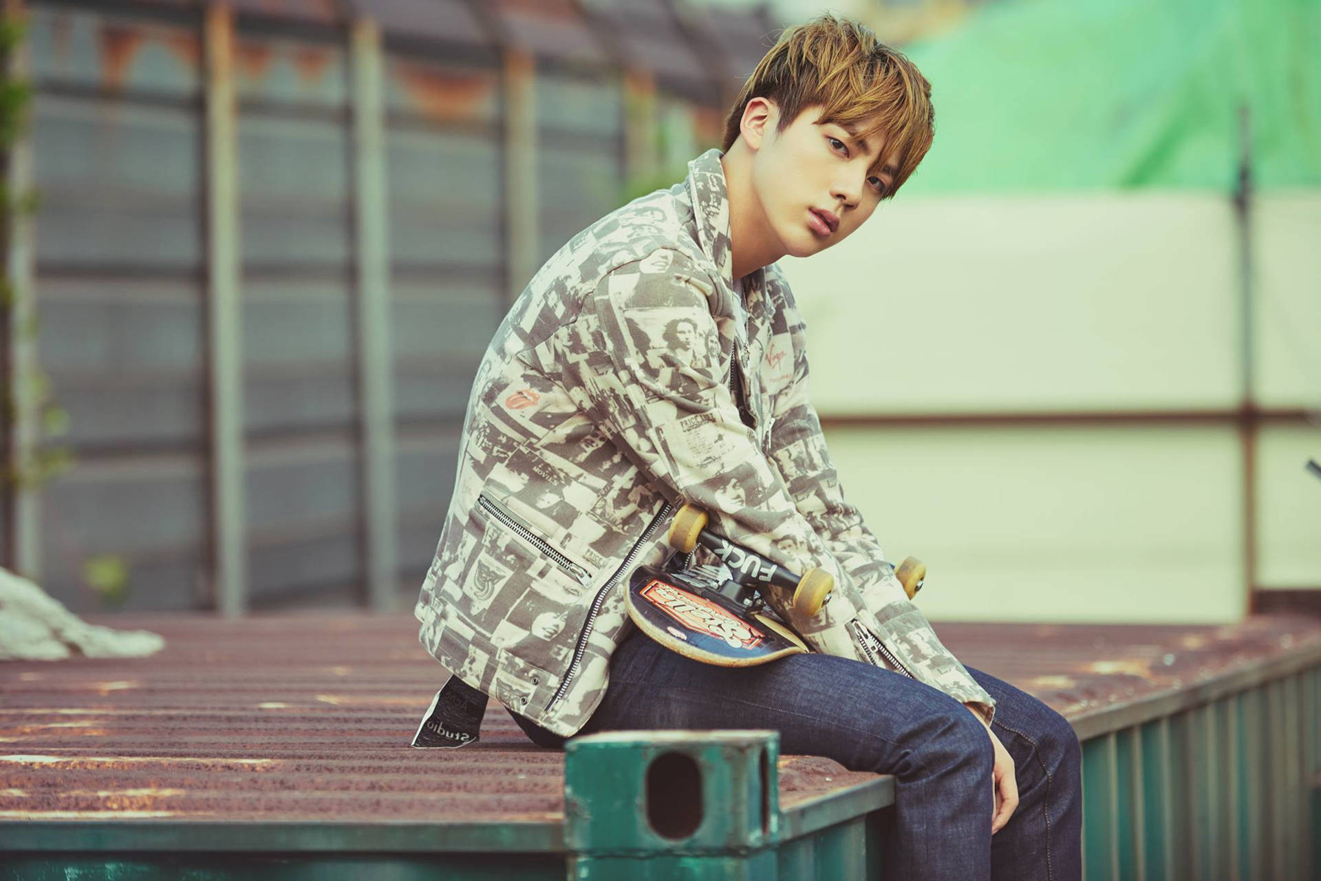 BTS Jin, skateboard, rusty metal container, Full HD Desktop Wallpaper