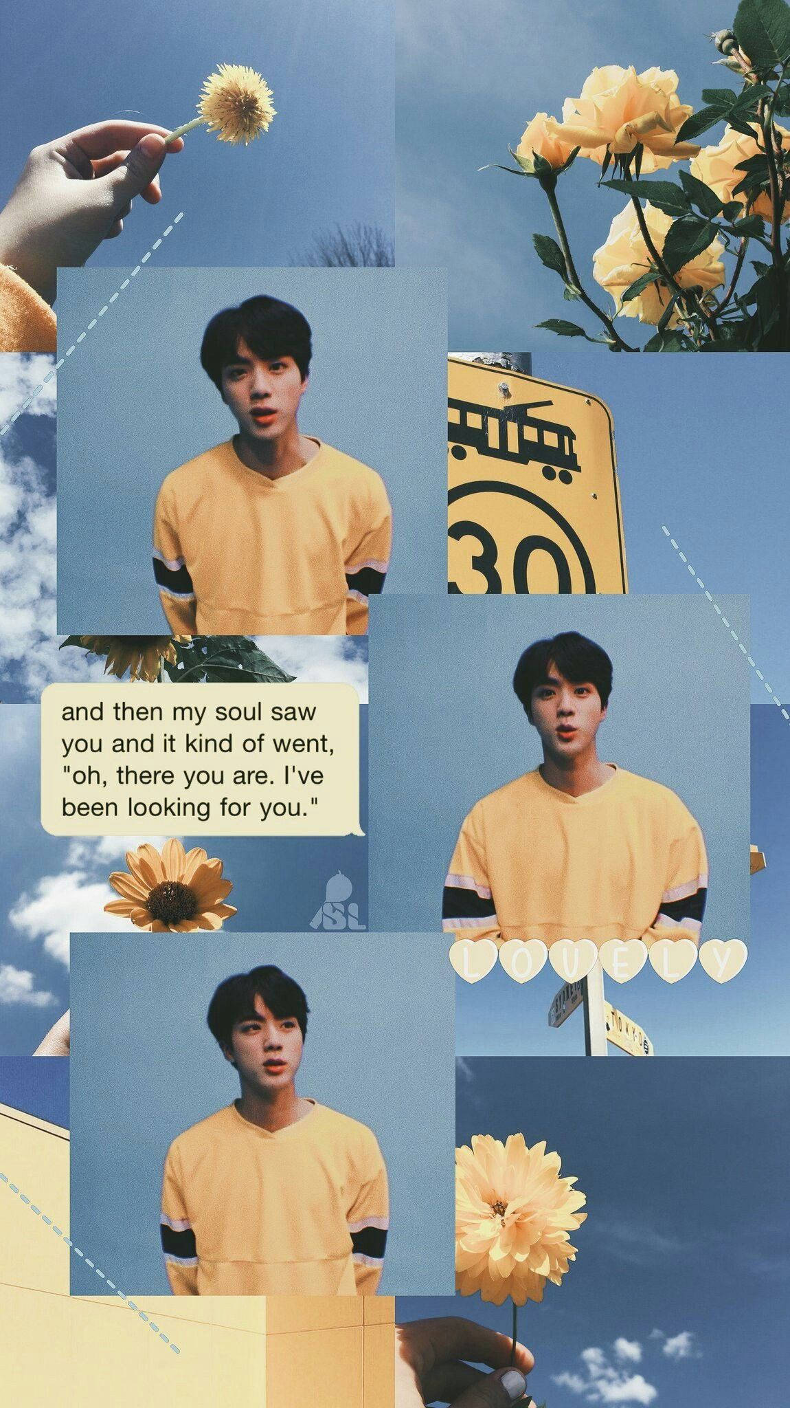 BTS Jin, yellow shirt, flowers, Full HD Phone Wallpaper