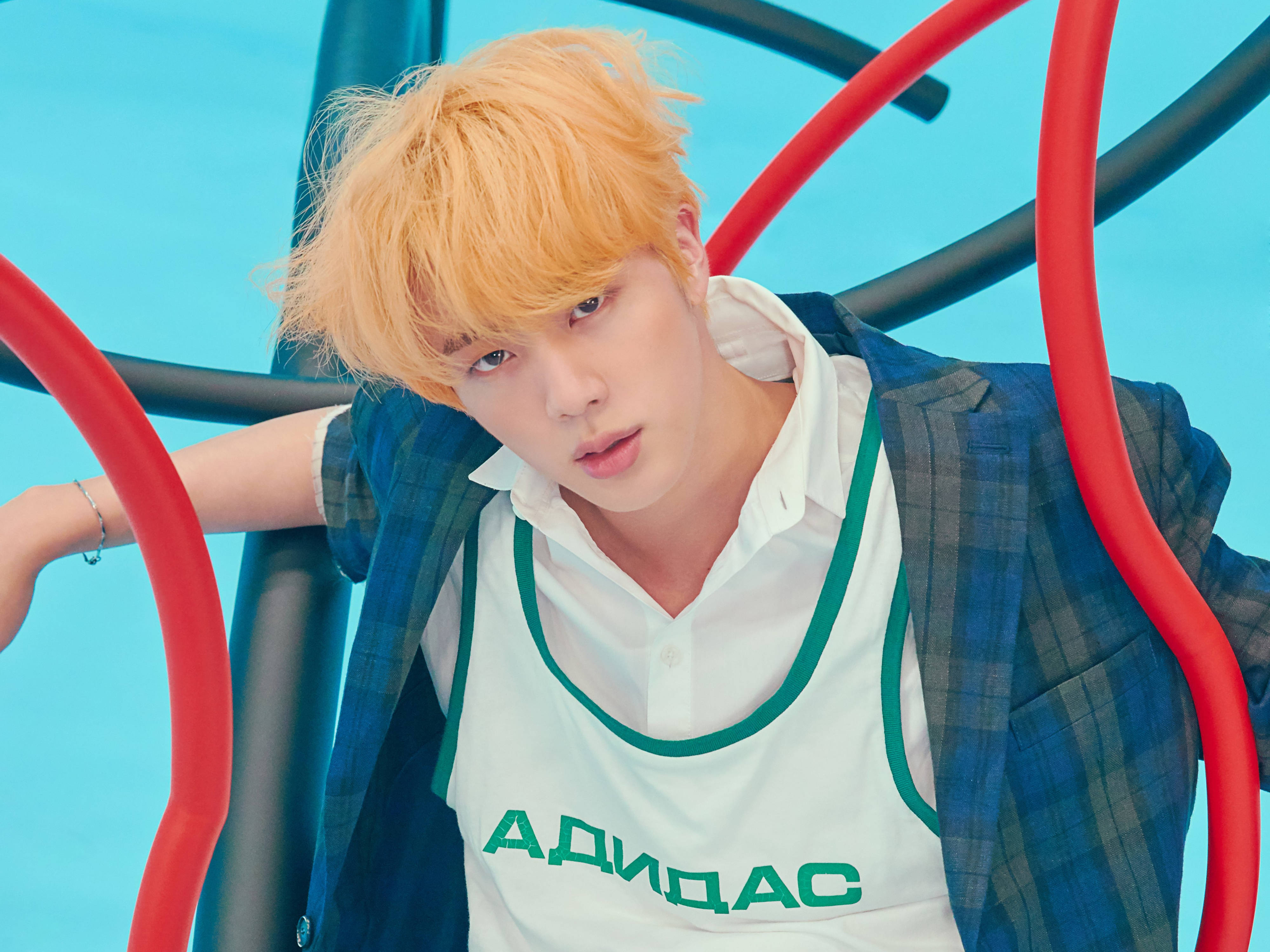 BTS Jin, blonde hair, red and black playground bars, 4K Desktop Wallpaper